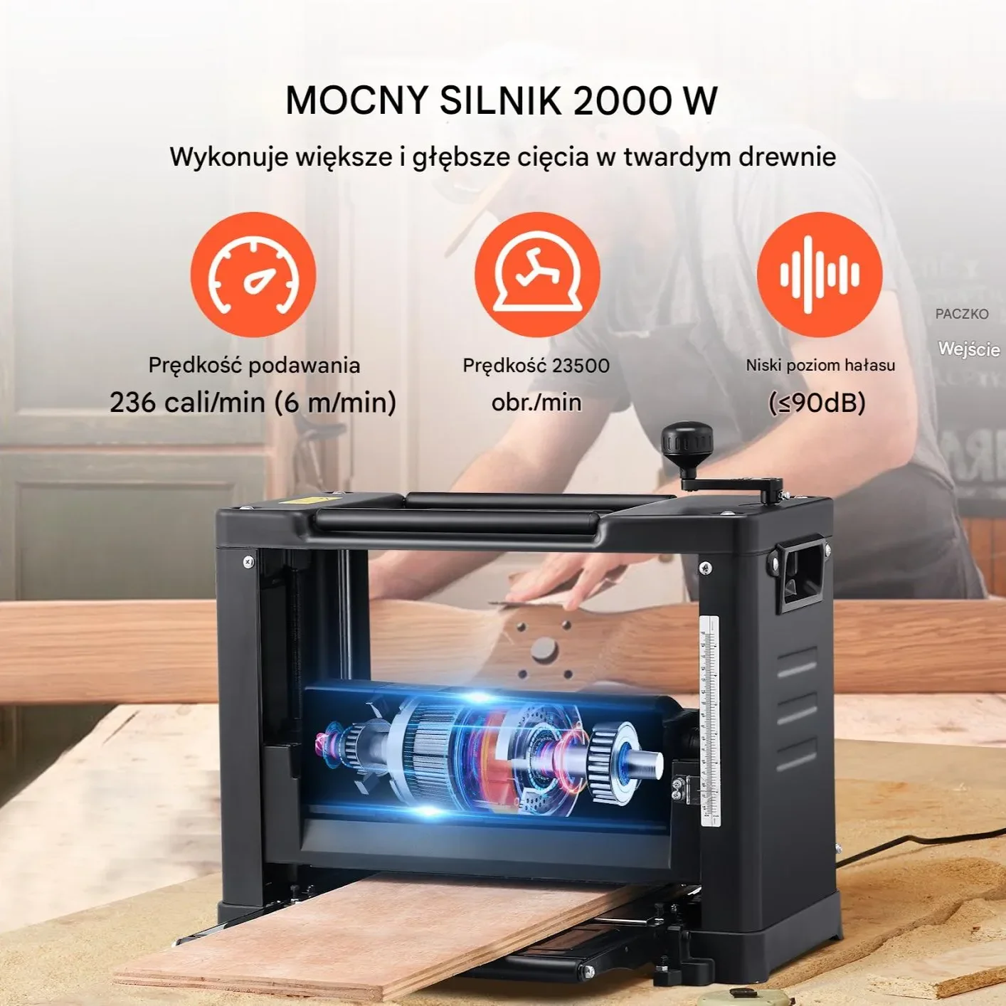 Strugarka grubościówka 33cm 2000W 2 noże cicha twarde i miękkie drewno - obrazek 4