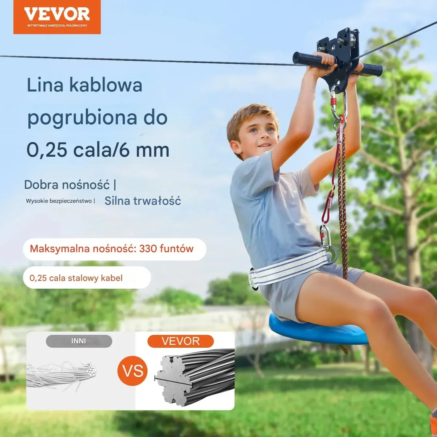 Tyrolka ogrodowa 18 m 226 kg uprząż hamulec sprężynowy siedzisko do ogrodu - obrazek 2