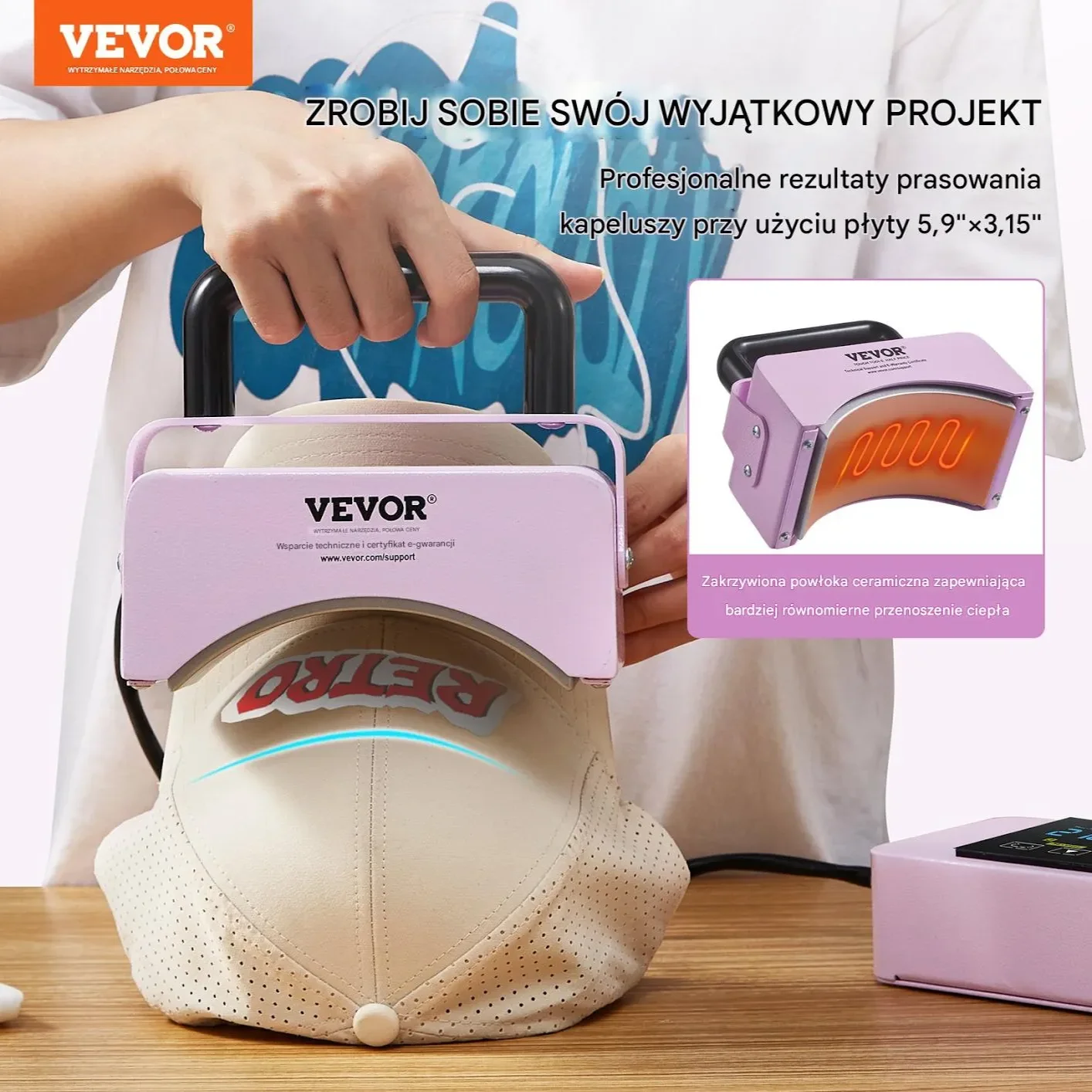 Prasa termiczna do czapek mini 15x8 cm 180°C przenośna fioletowa - obrazek 6