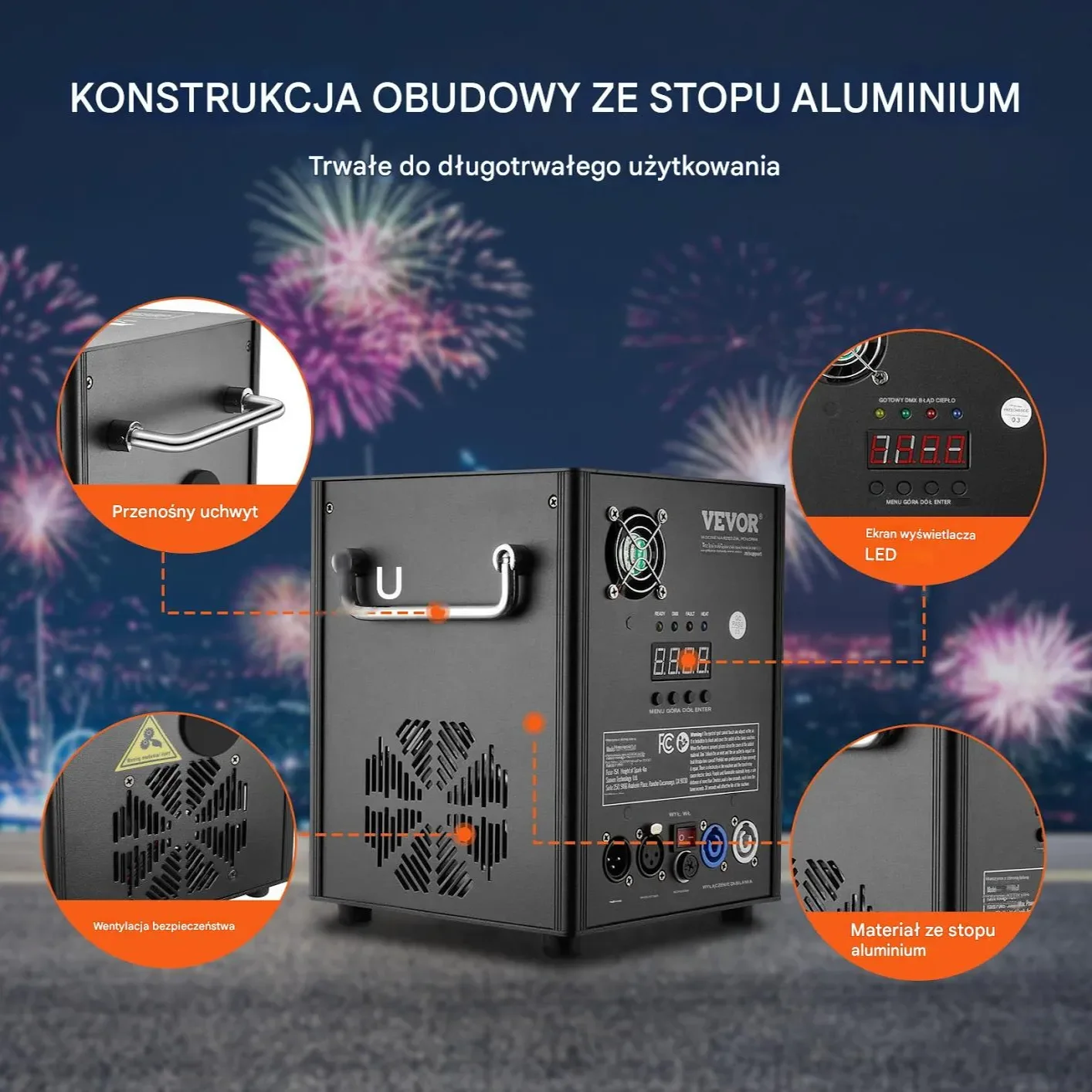 Maszyna zimnych ogni 2x500W, regulacja 2–4 m, DMX, LED, na wesele i scenę - obrazek 4