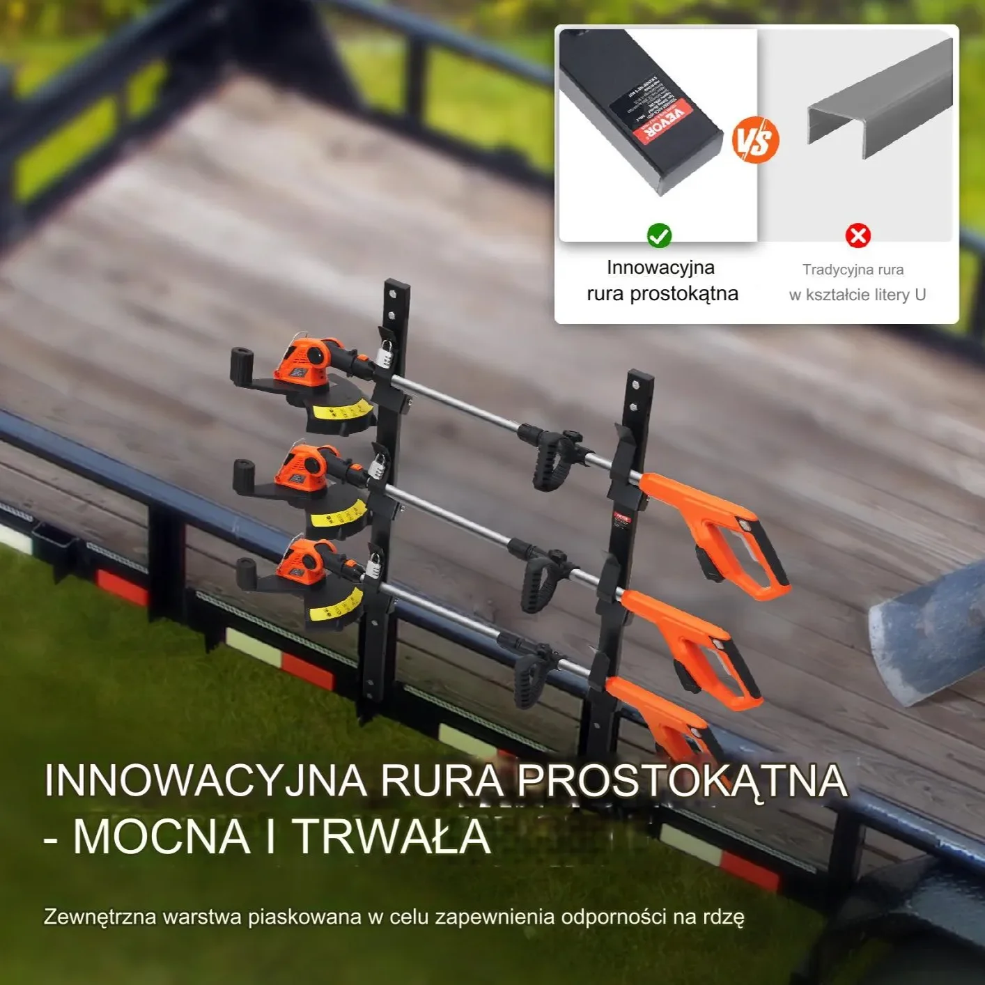 Wieszak na 3 kosiarki ręczne z zamkiem na hasło montaż ścienny - obrazek 2