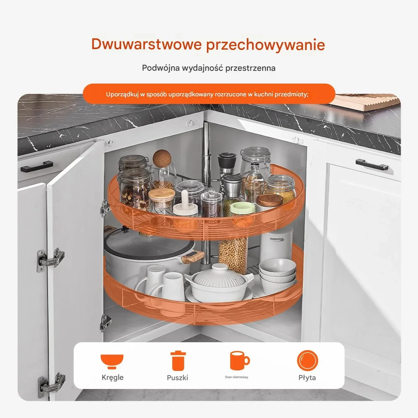 Półka narożna do szafki 2 poziomy 72 cm obrotowa kosz chrom - obrazek 5