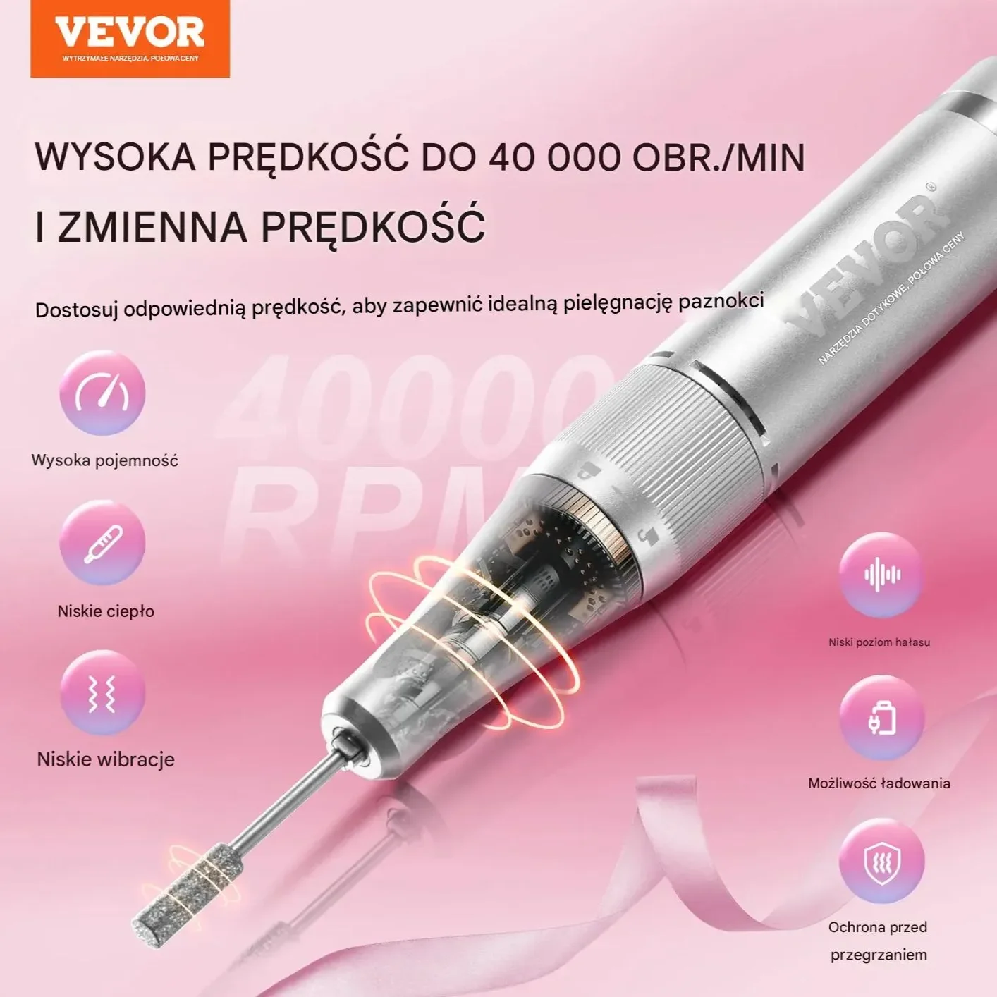 Frezarka do paznokci 40000RPM bezprzewodowa LCD – manicure/pedicure - obrazek 2