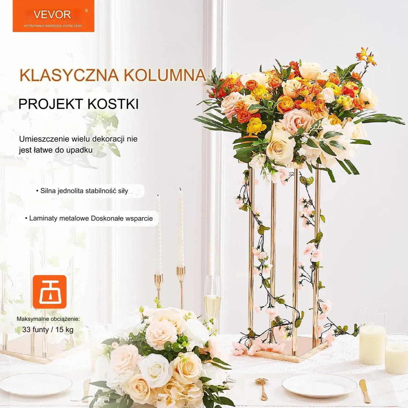 Stojak weselny na salę złoty kolor ślub wesele kwietnik kwiaty 2 szt. 80 cm - obrazek 6