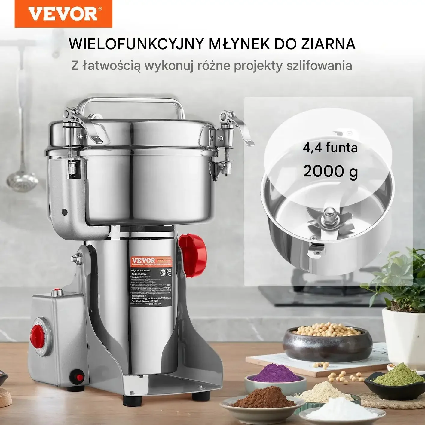 Młynek zbożowy elektryczny 3400W stal nierdzewna szybki pasza mąka stojący - obrazek 5