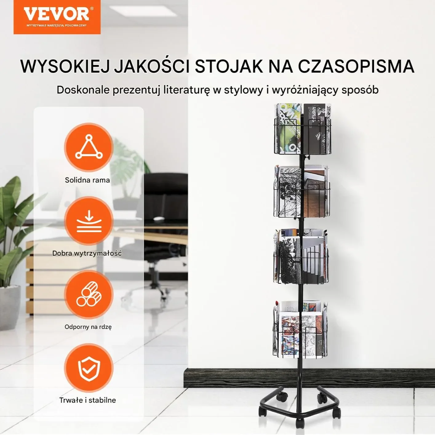 Stojak obrotowy na ulotki pocztówki 4 poziomy 32 kieszenie z kółkami - obrazek 5