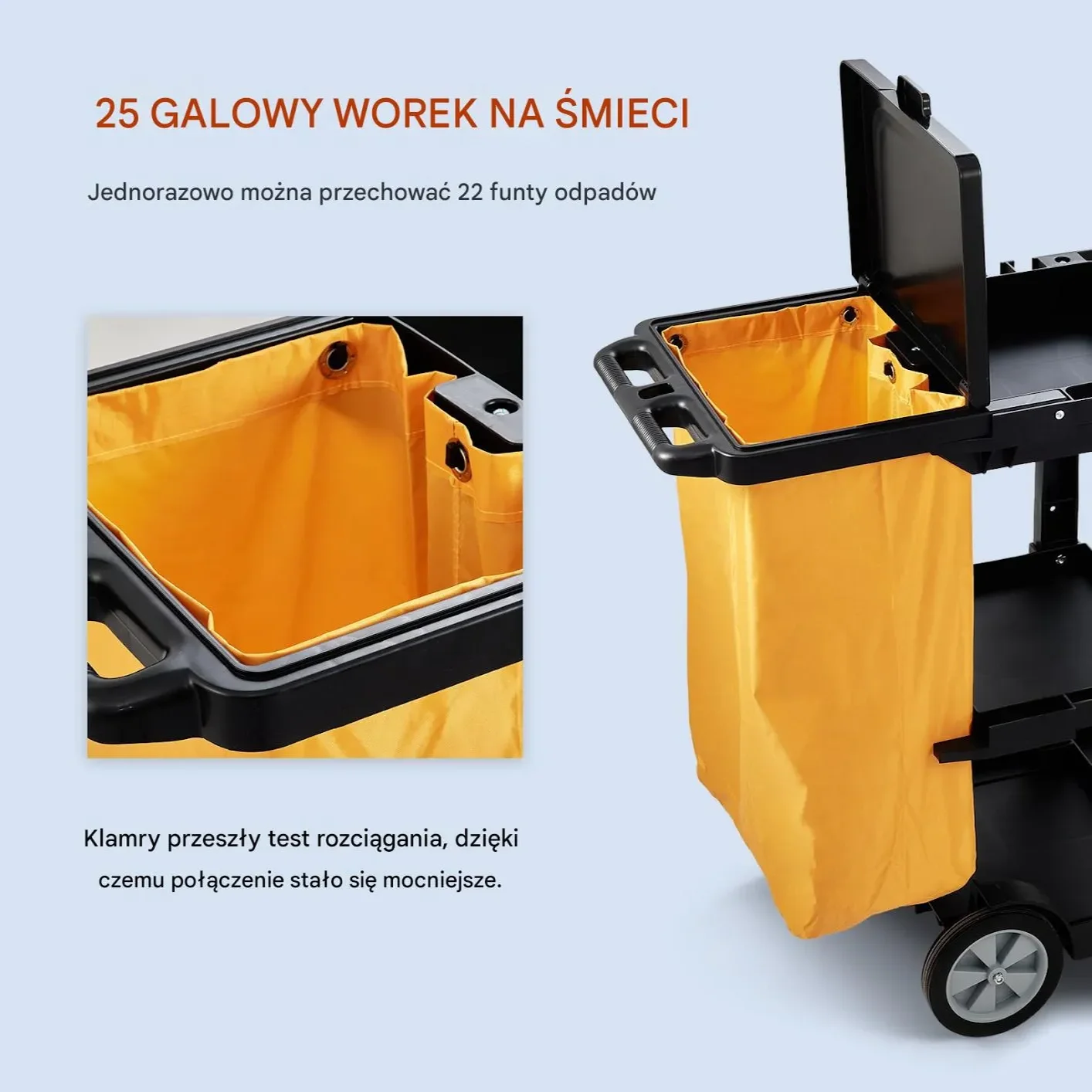 Wózek do sprzątania 3-półkowy 120x51x98 cm 90 kg z workiem i pokrywą - obrazek 4