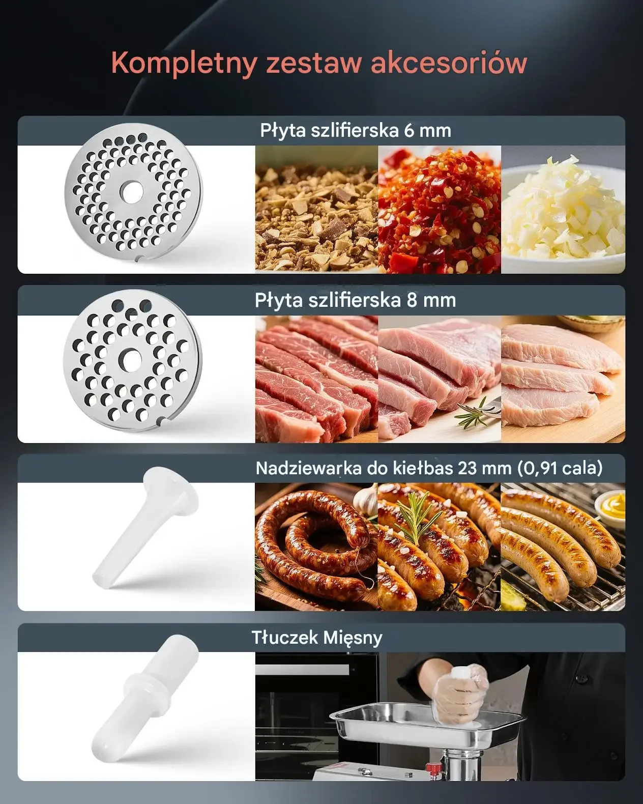 Maszynka do mięsa elektryczna 4,2 kg/min 1100W stal kiełbasy - obrazek 3