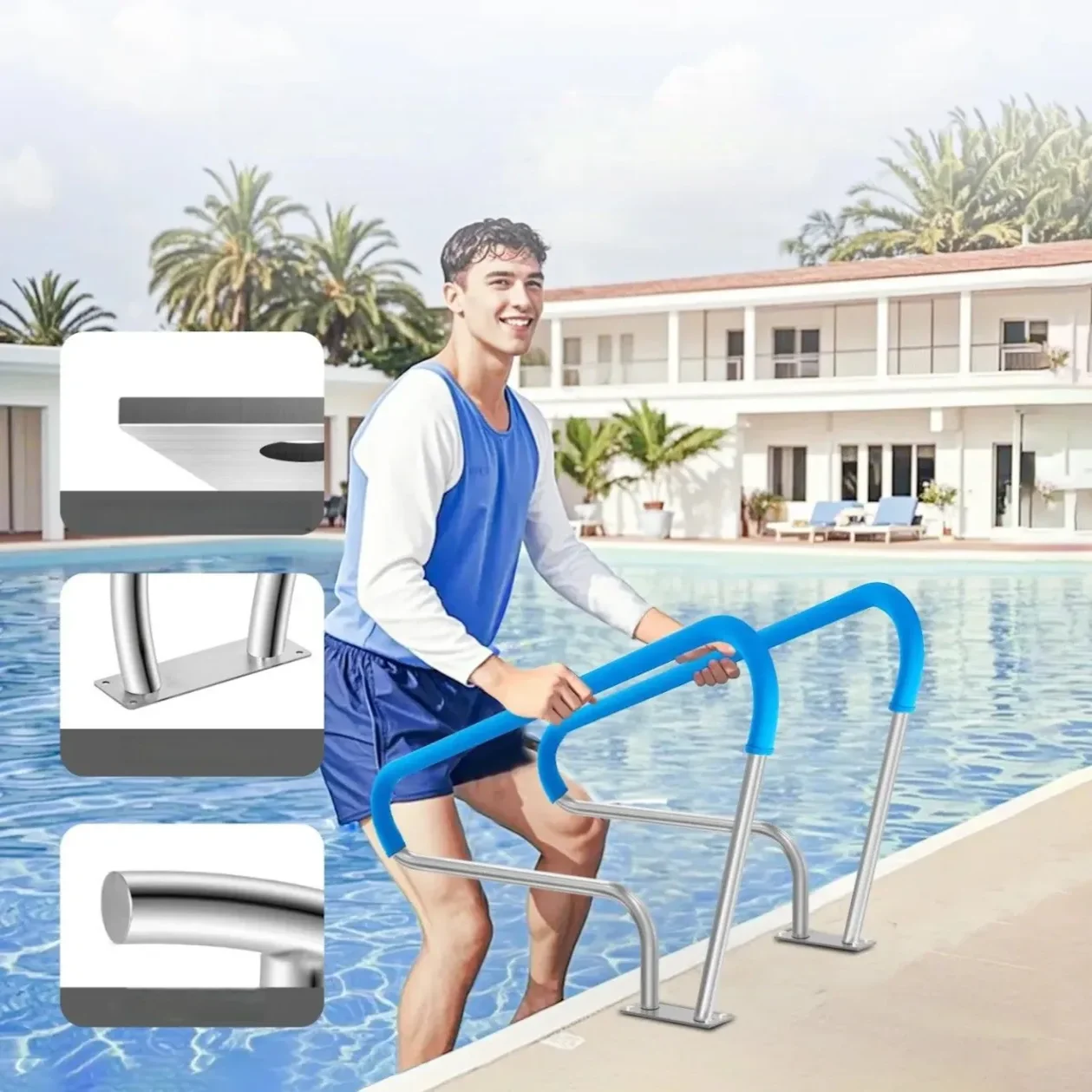 Poręcz basenowa 2 szt 90x122 cm stal nierdzewna z podstawą do basenu i SPA - obrazek 3