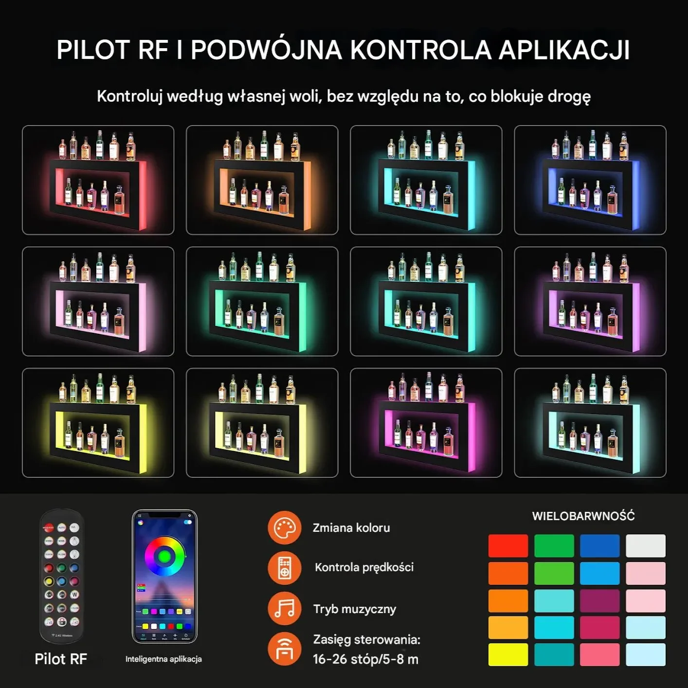 Podświetlana półka 122 cm LED z pilotem i sterowaniem aplikacją - obrazek 3