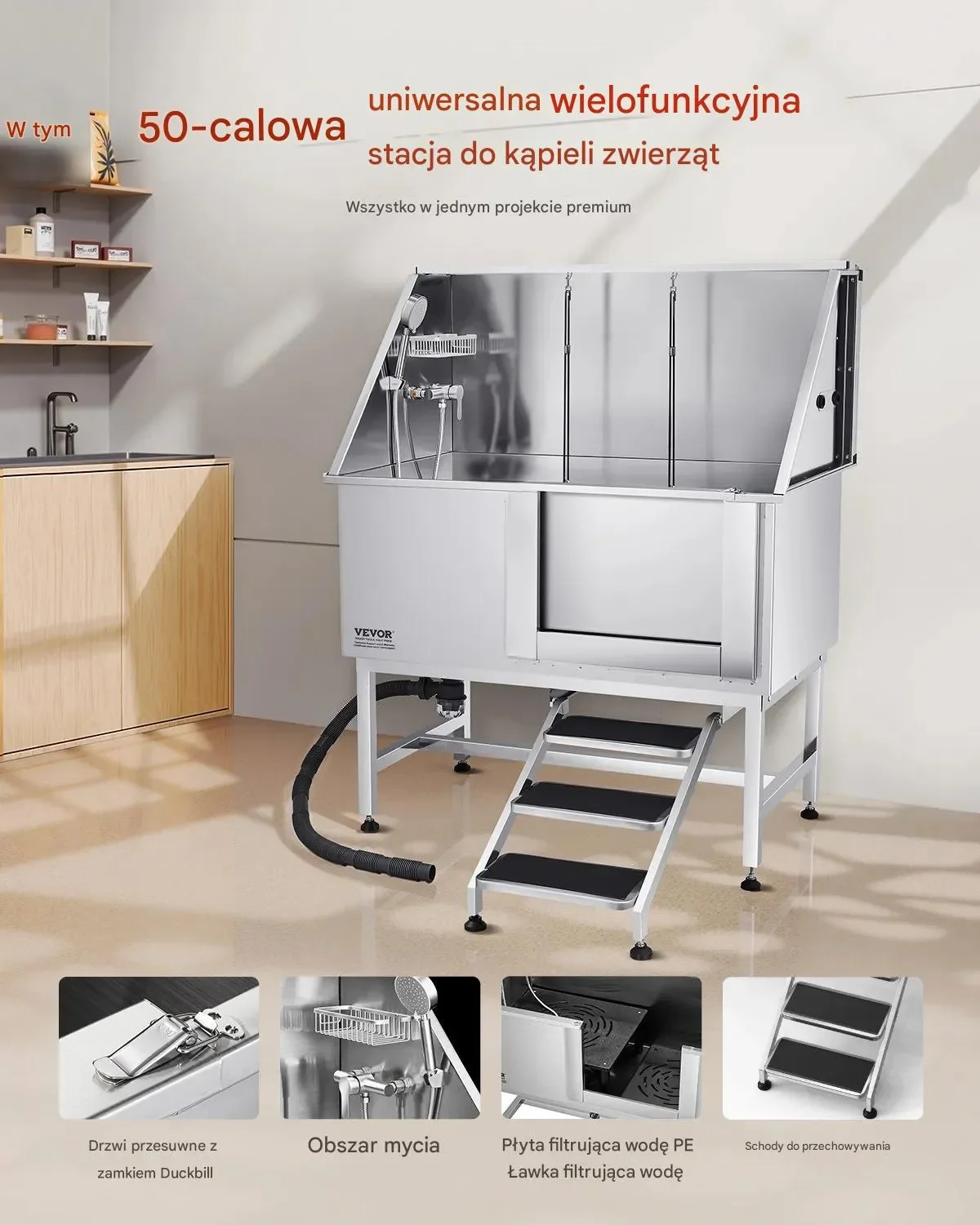 Wanna groomerska 127 cm stal nierdzewna rampa filtr prysznic drzwi prawe - obrazek 2