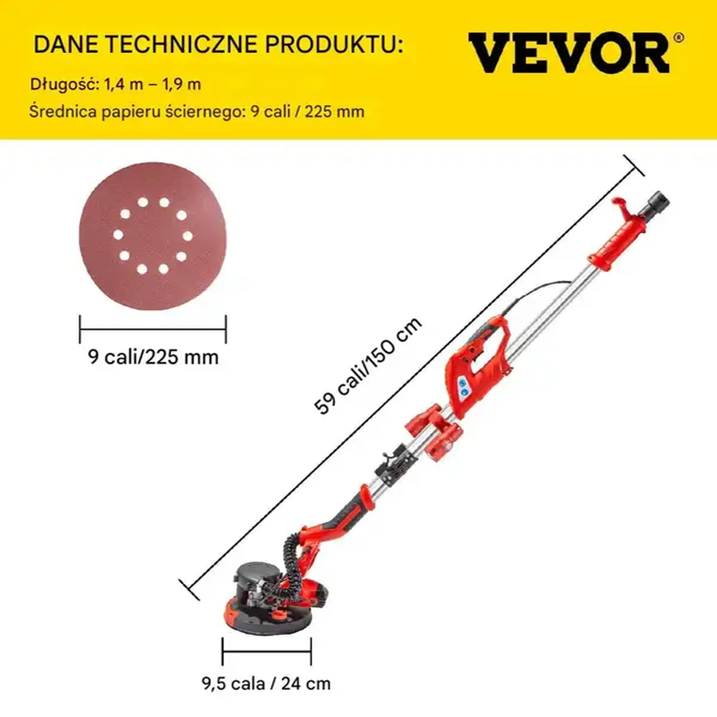 SZLIFIERKA DO GIPSU GŁADZI TYNKU ŻYRAFA 850W 225mm LED + WOREK - obrazek 6
