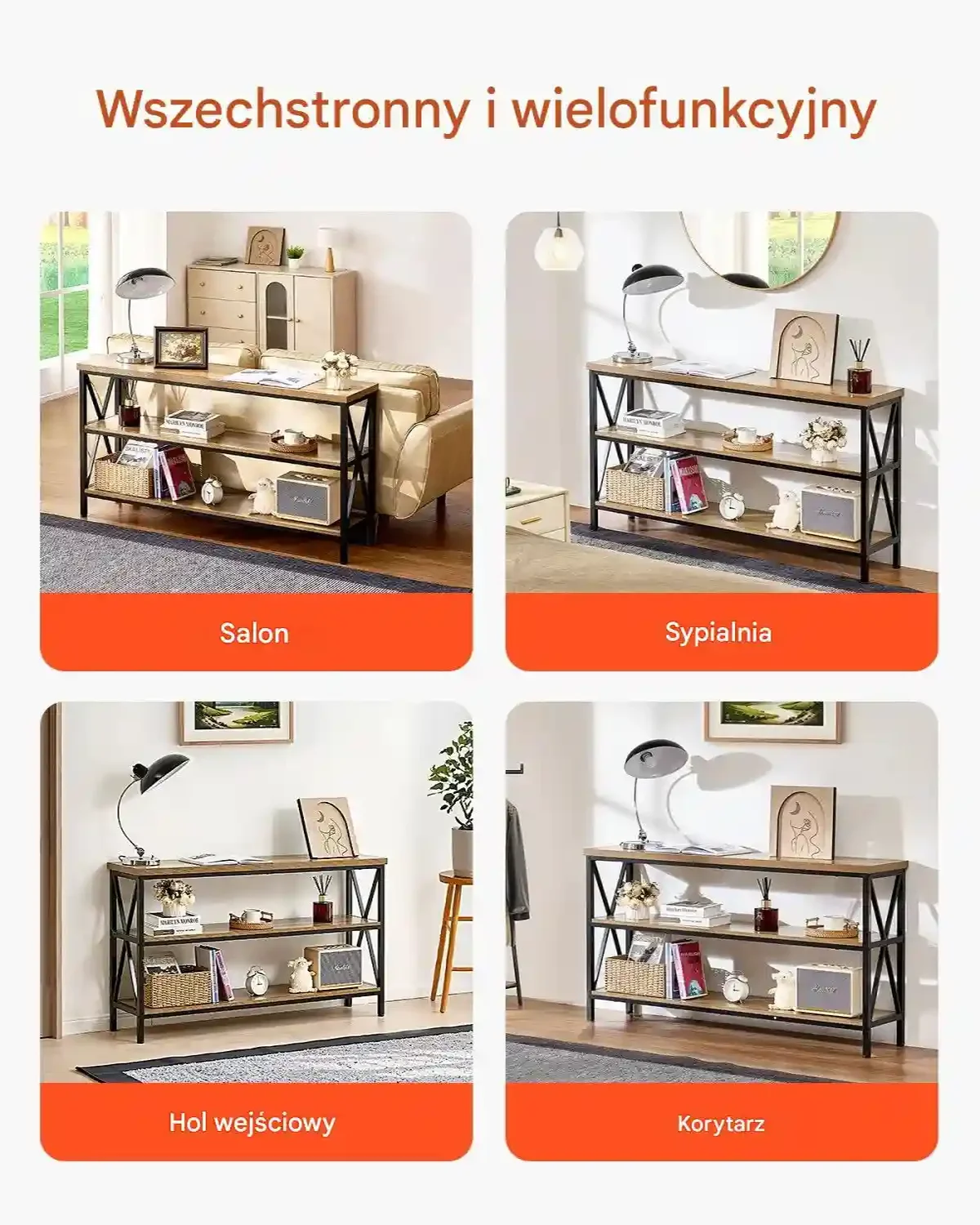 Konsola wąska 140 cm 3-poziomowa metalowa półka do salonu i korytarza - obrazek 6