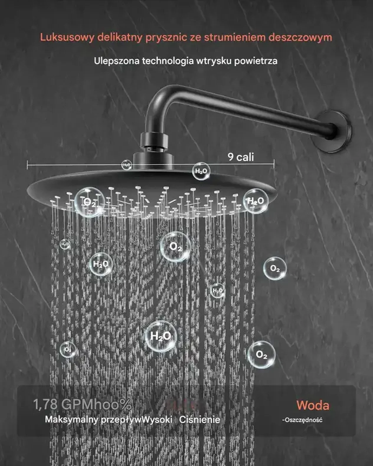 Zestaw prysznicowy deszczowy 23 cm okrągły z baterią ścienny czarny matowy - obrazek 4
