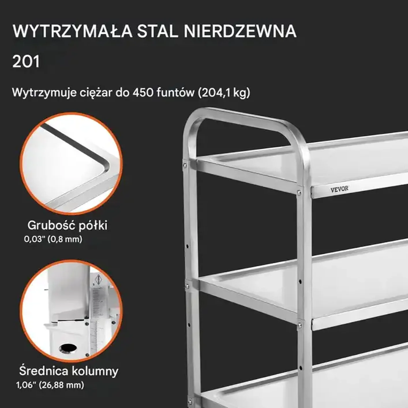 Wózek kuchenny 3-poziomowy stalowy 450kg na kółkach z koszami i haczykami - obrazek 6