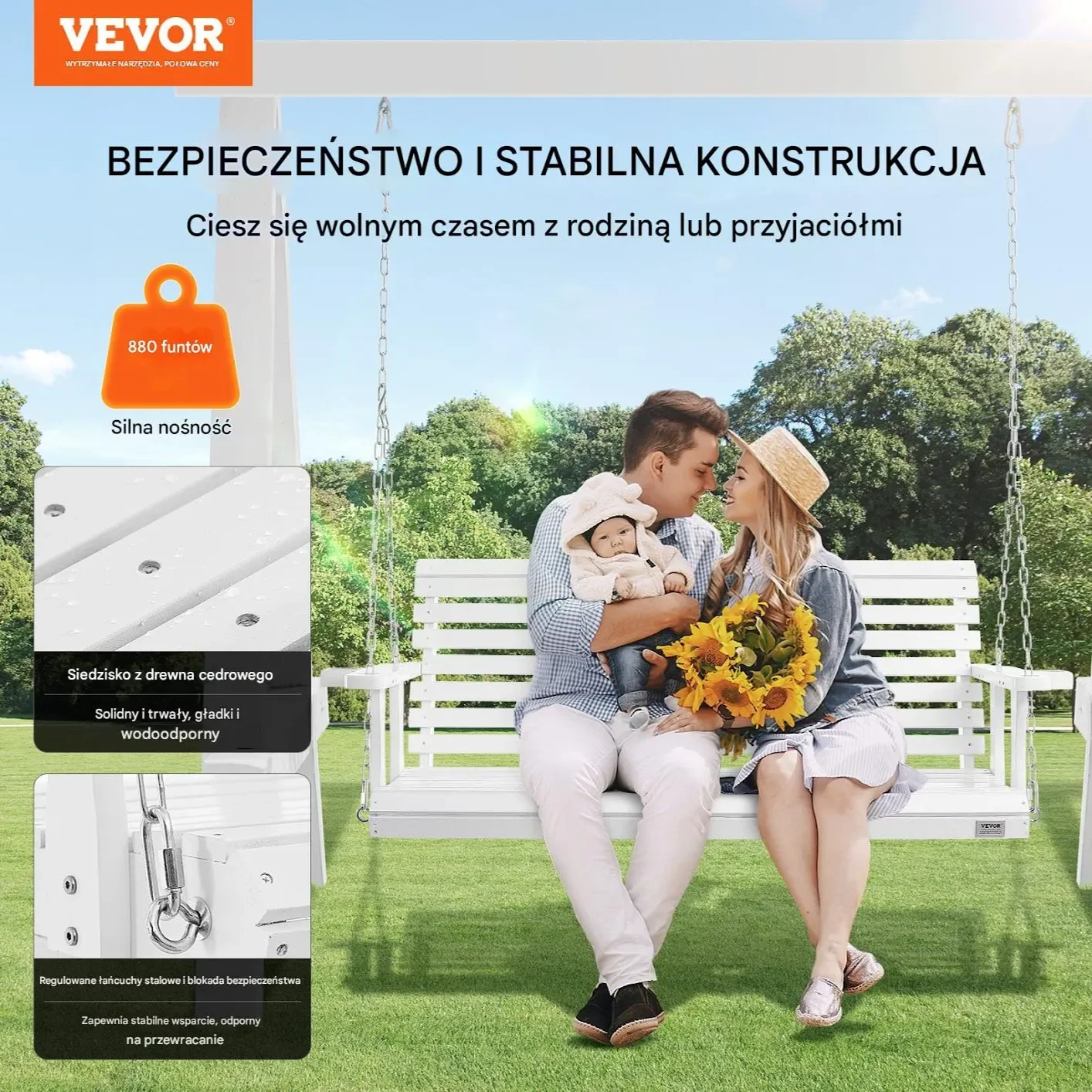 Huśtawka ogrodowa drewniana biała ławka 2 osobowa mocna łańcuchy - obrazek 3