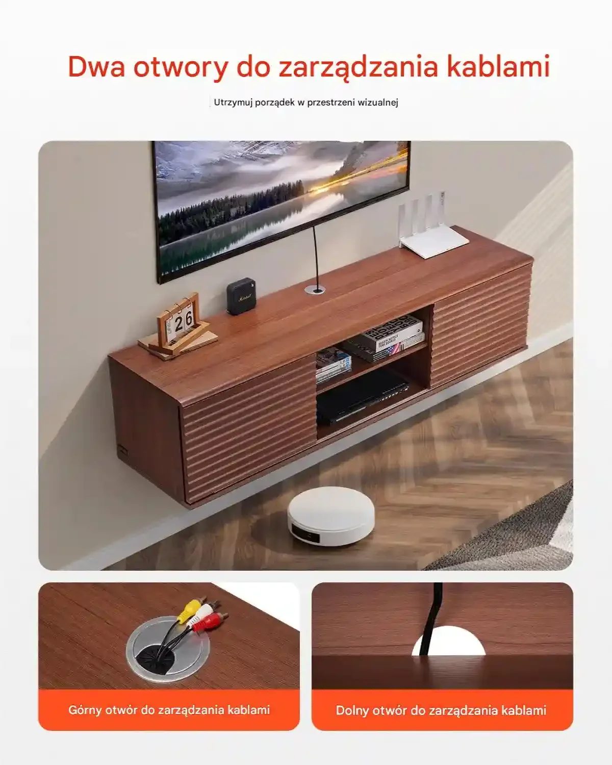 Wisząca szafka RTV 60" 2 poziomy regulowana półka przesuwane drzwi orzech - obrazek 4