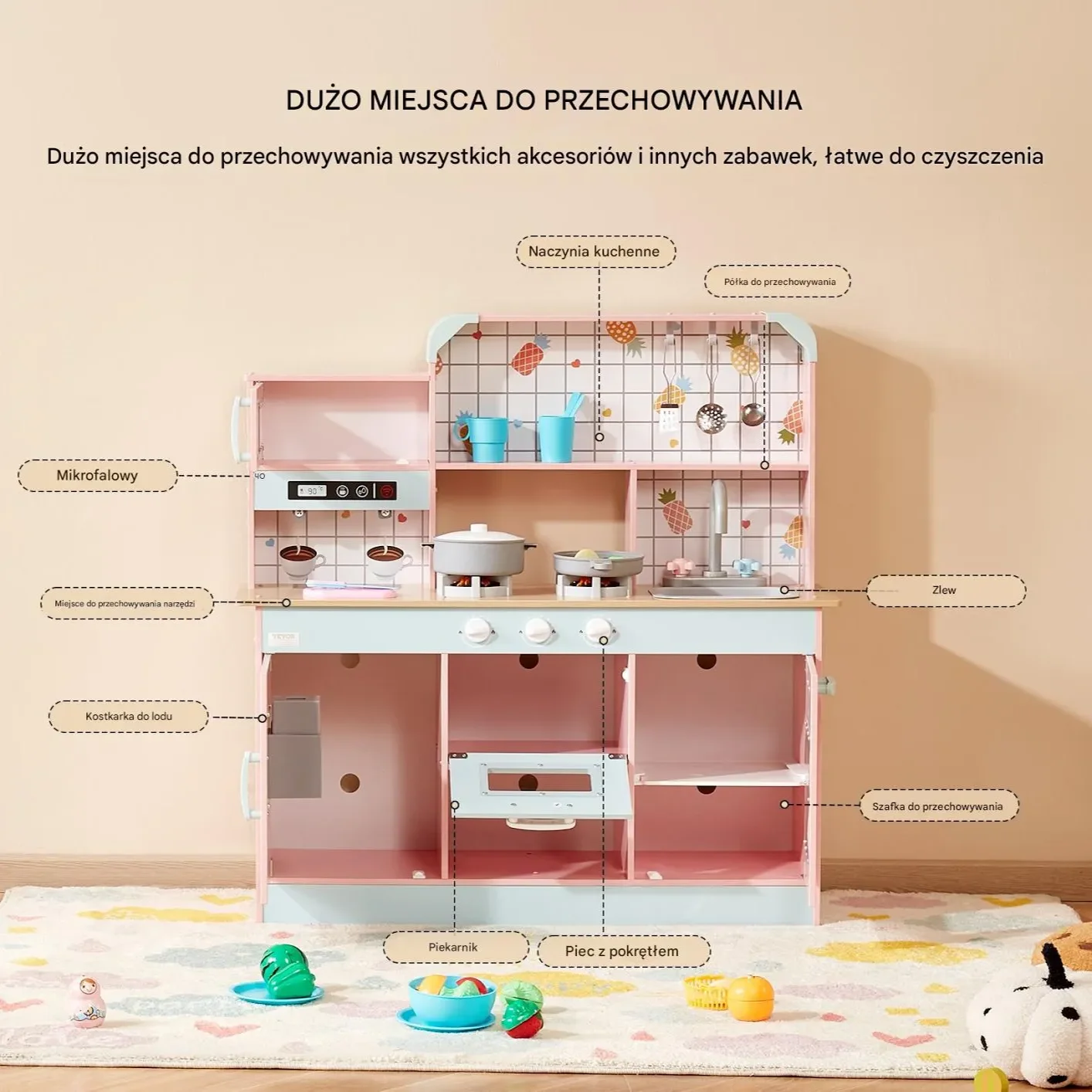 Kuchnia zabawkowa dla dzieci różowa z akcesoriami dźwięk piekarnik lodówka - obrazek 2