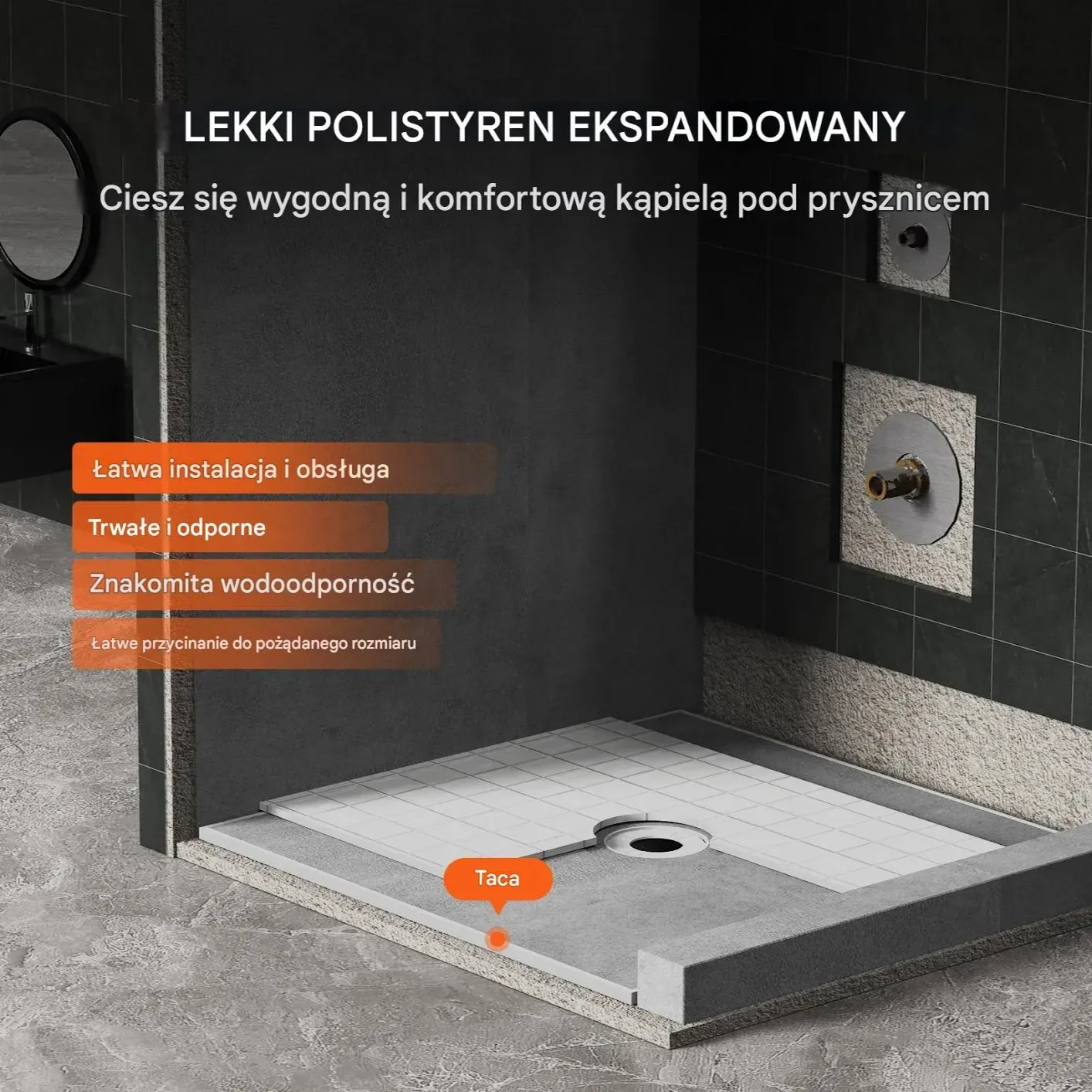 Brodzik prysznicowy 1828x1828 mm odpływ środkowy zestaw lekkie panele EPS - obrazek 3