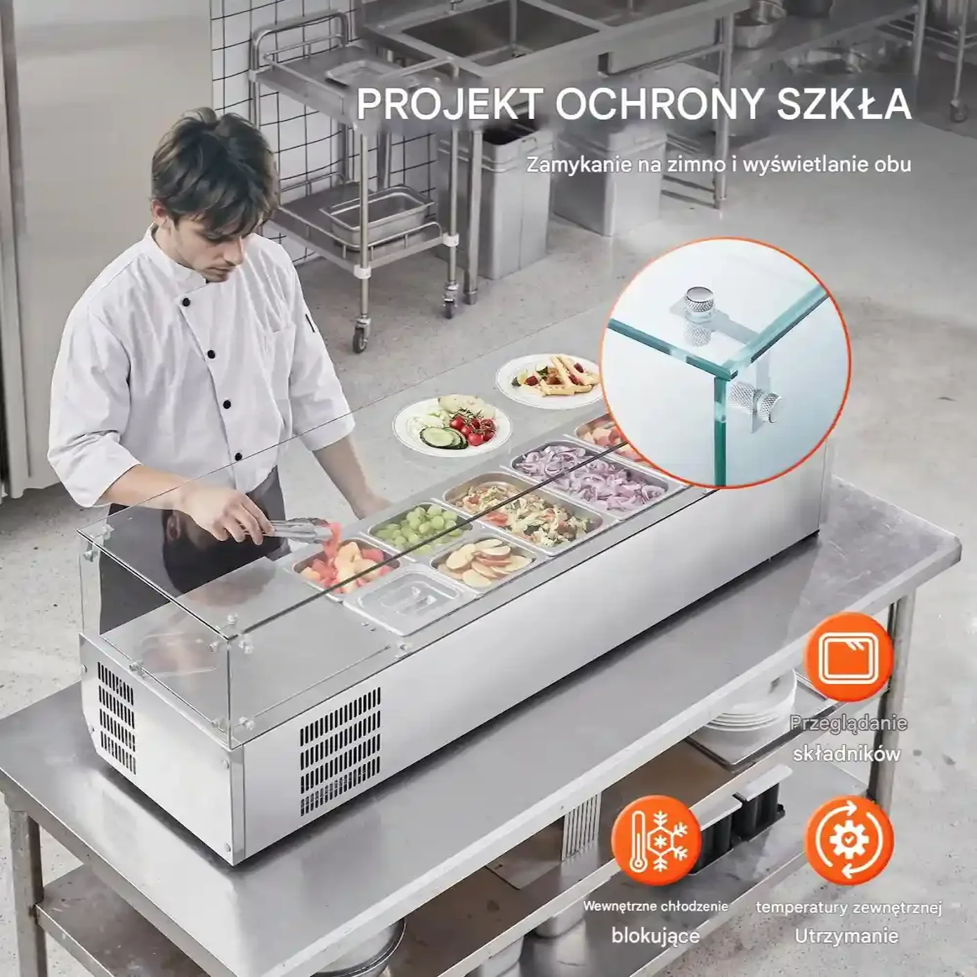 Gablota chłodnicza witryna 155W blatowa stalowa z pojemnikami bufet bar - obrazek 5