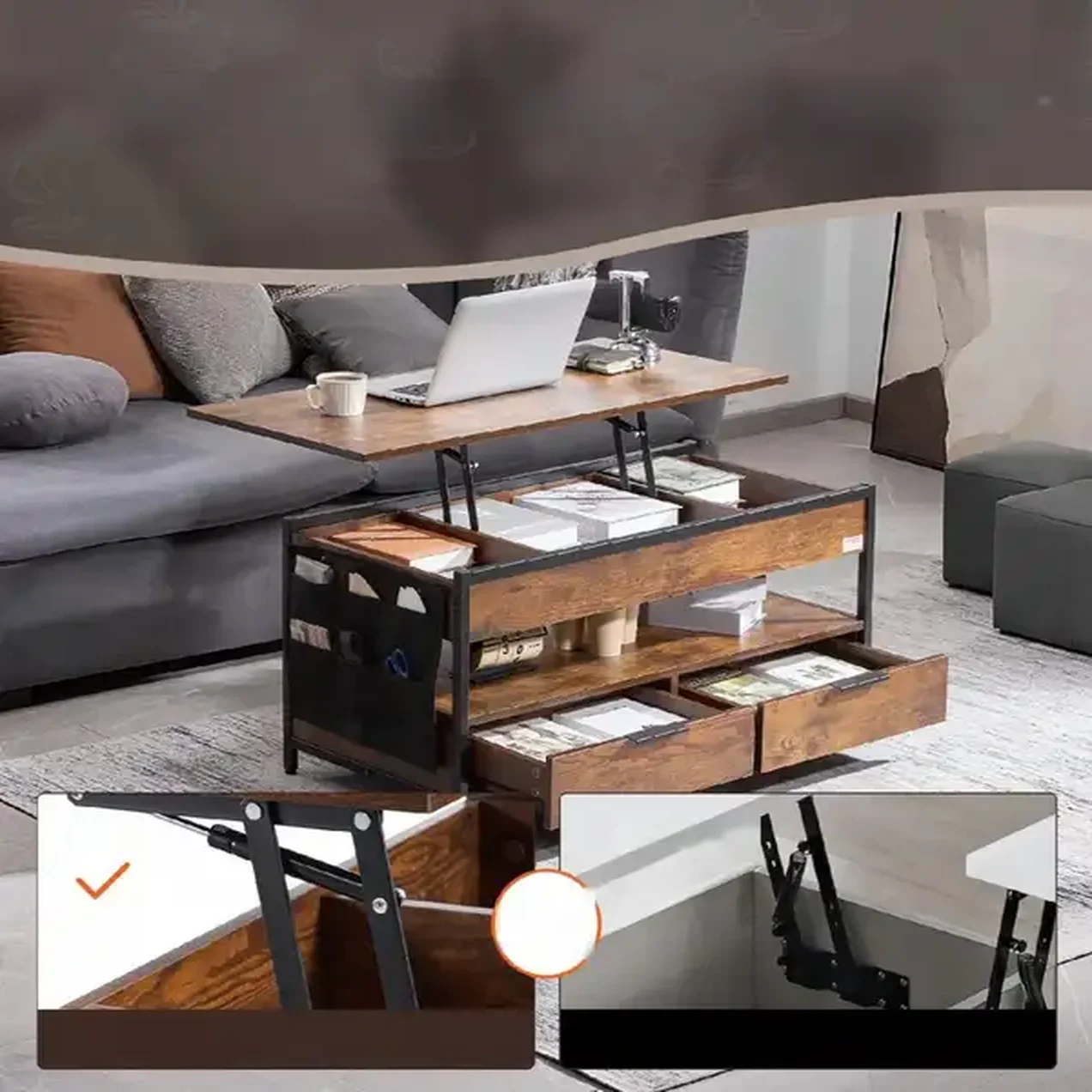 Stolik kawowy ława z podnoszonym blatem schowkiem + szuflady - obrazek 4