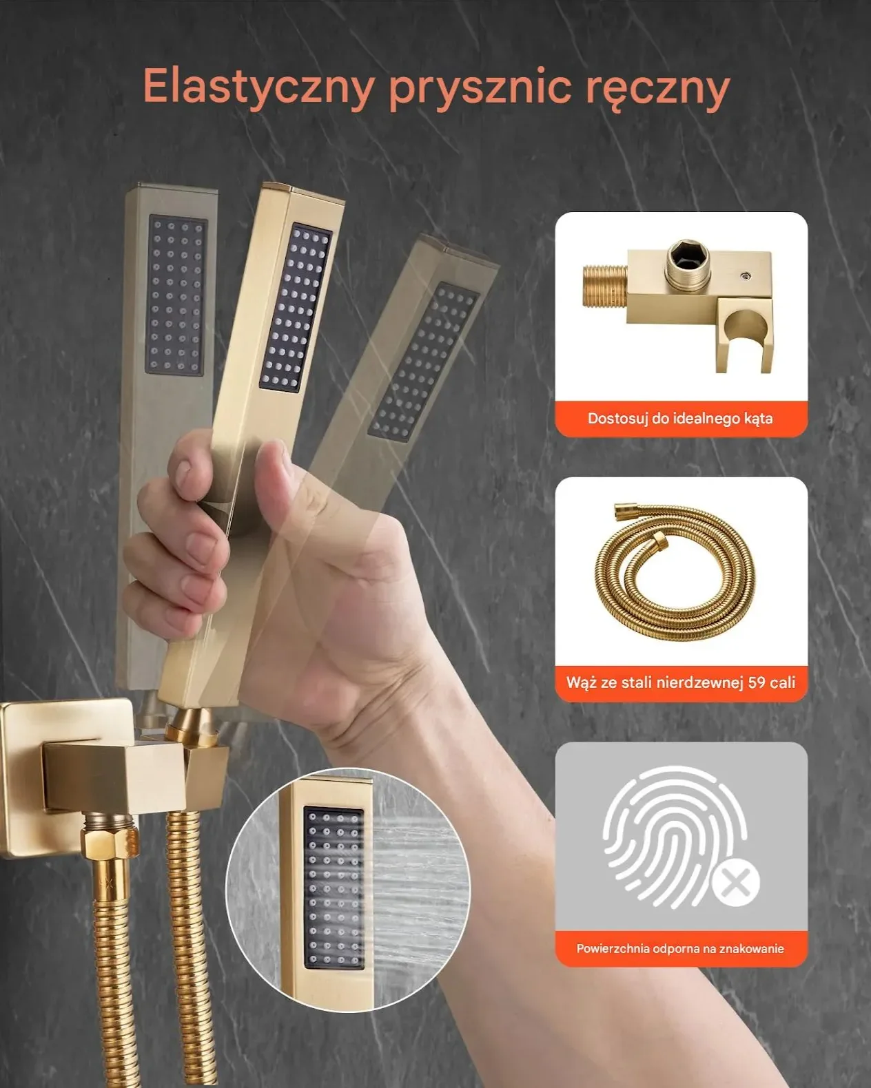 Zestaw prysznicowy deszczownica 25 cm złoty montaż ścienny prostokątny - obrazek 3