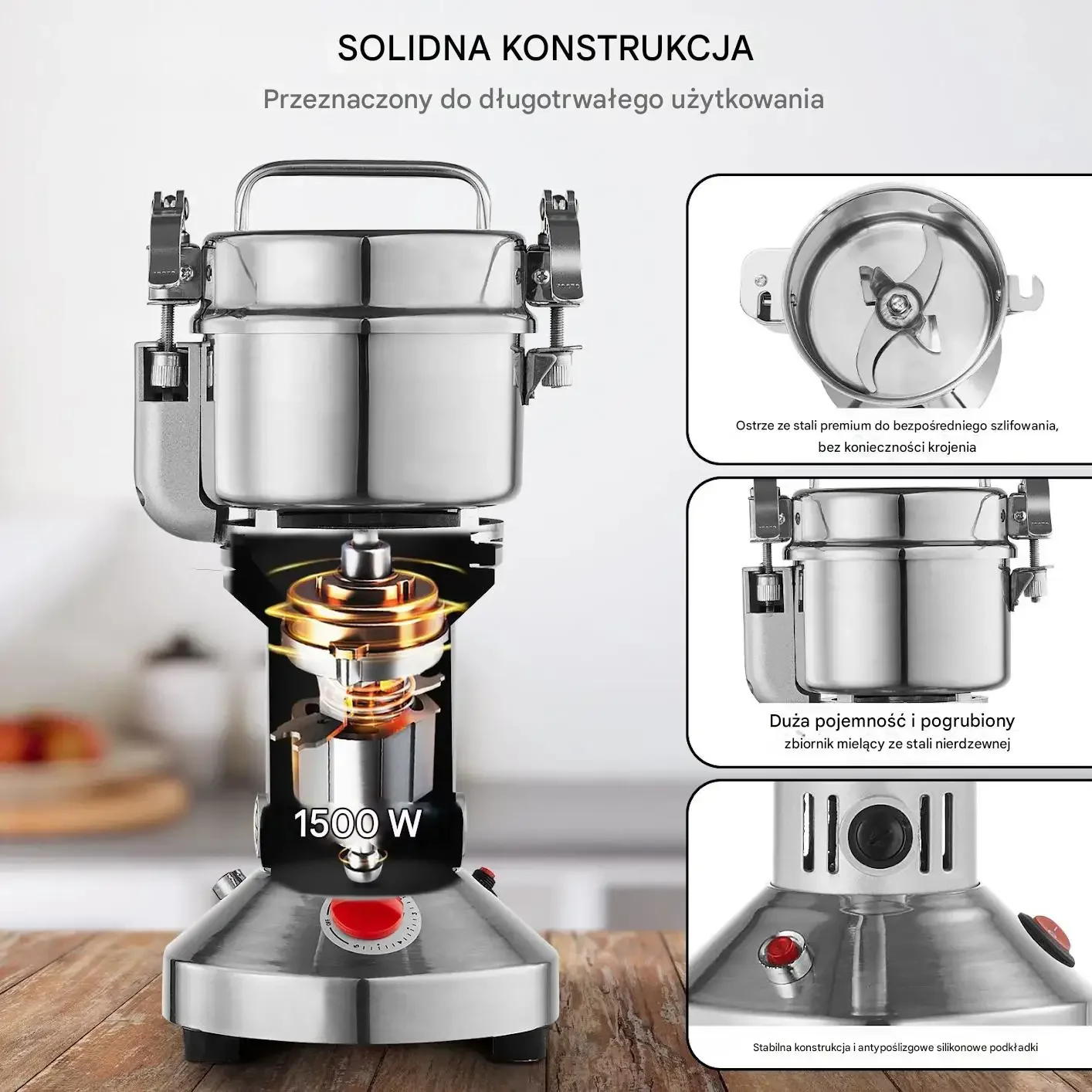 Młynek zbożowy elektryczny 1500W stal nierdzewna przyprawy mąka - obrazek 2