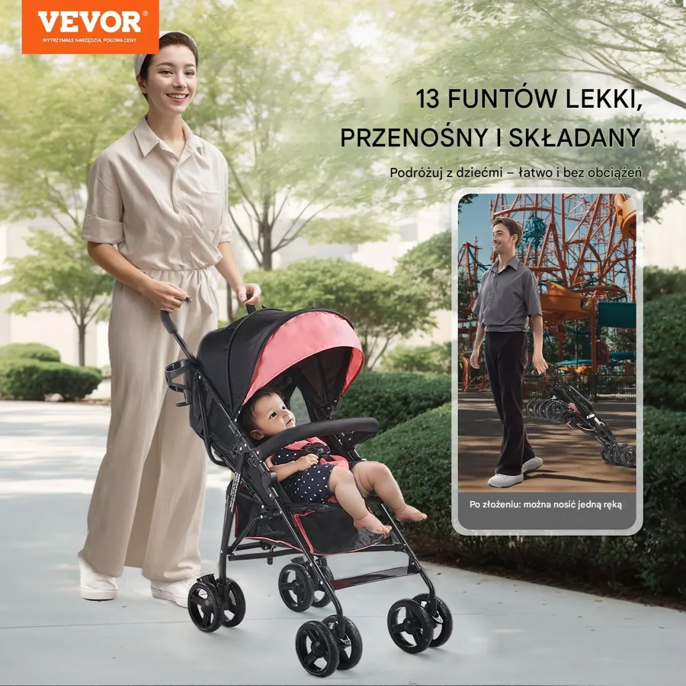 Ultralekki Różowy Składany Wózek Spacerowy – Kompaktowy i Bezpieczny - obrazek 3