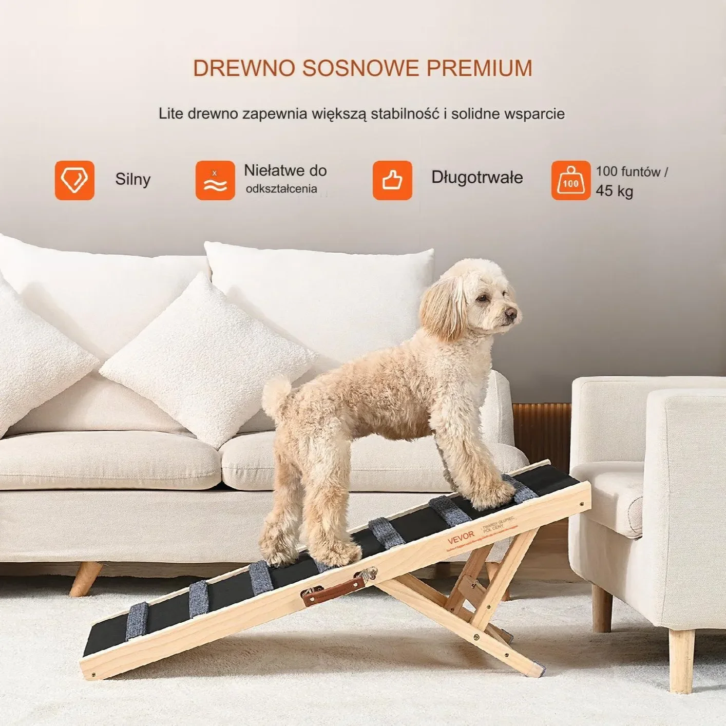 Składana rampa dla psa kota drewniana regulowana 100 cm do łóżka auta - obrazek 4