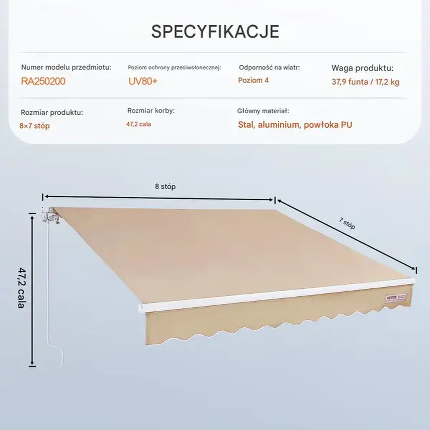 Markiza balkonowa rozporowa ogrodowa tarasowa patio 2,4 x 2,1 m - obrazek 2
