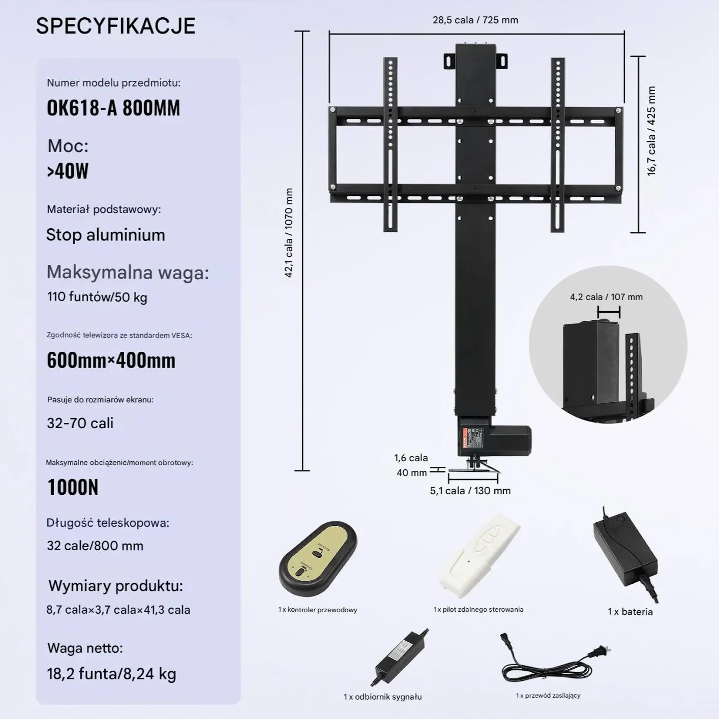Wysuwany stelaż uchwyt elektryczny do telewizora winda 42 - 73 cale - obrazek 6
