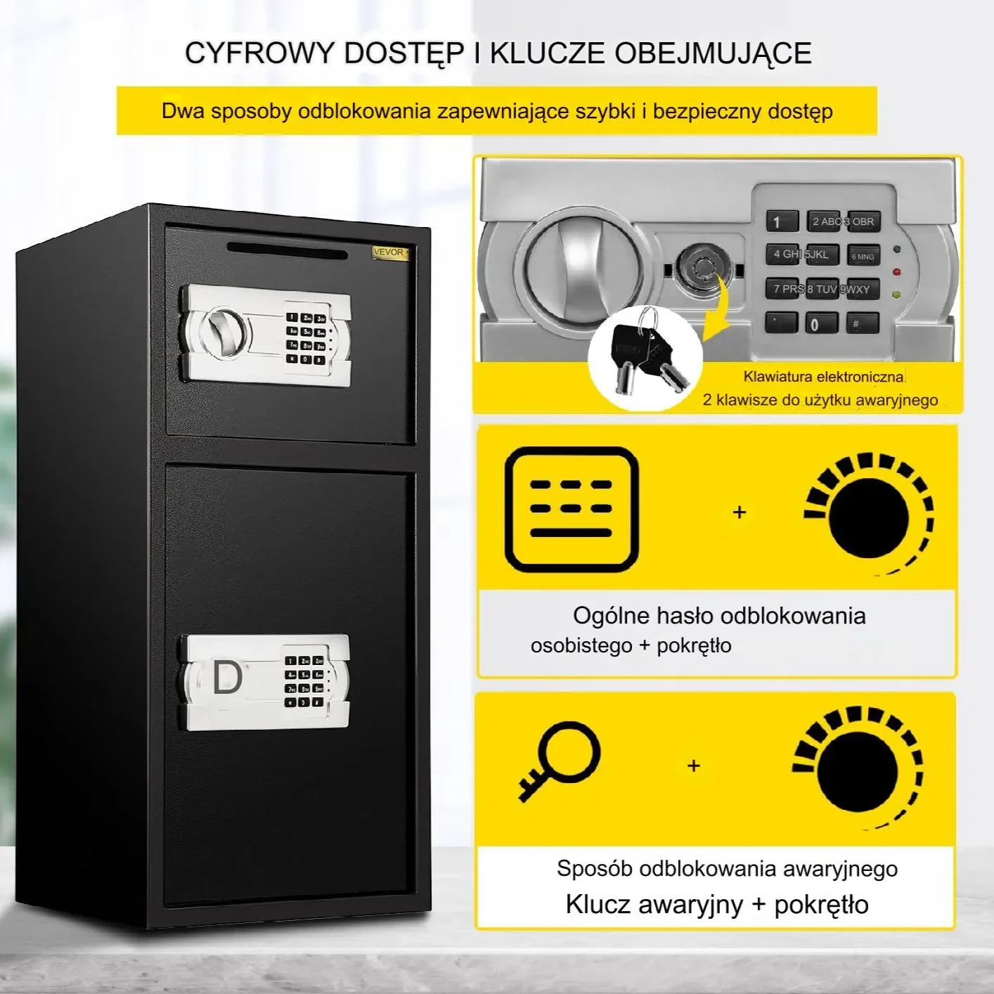 Sejf na szyfr elektroniczny kasetka kasa pancerna domowy +klucz 74 L - obrazek 2