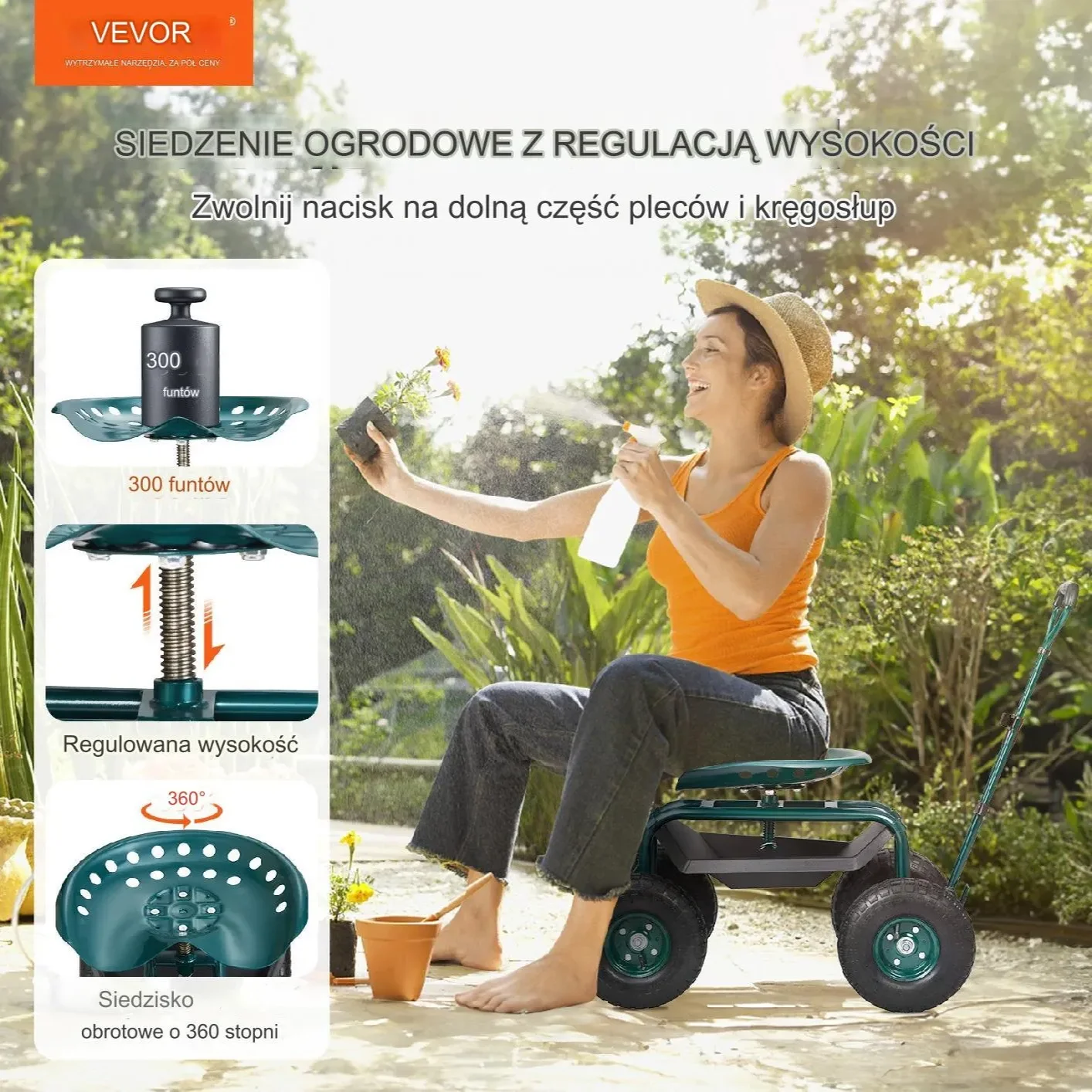 Wózek ogrodowy siedzisko ogrodowe taboret ogrodowy na kółkach zielony - obrazek 6