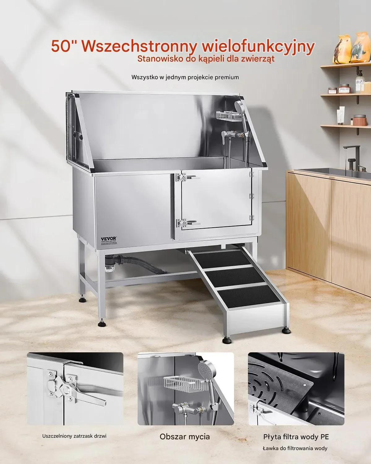 Wanna groomerska 127 cm stal rampa filtr prysznic dozownik drzwi prawe - obrazek 2