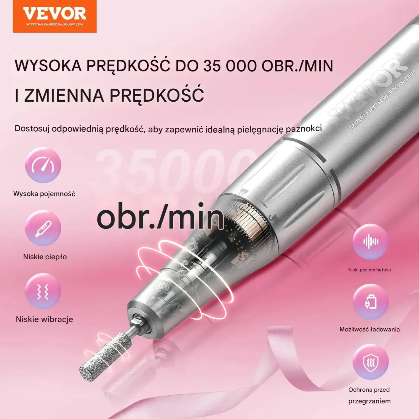 Frezarka do paznokci 35000RPM bezprzewodowa LCD 6 bitów – manicure/pedicure - obrazek 2