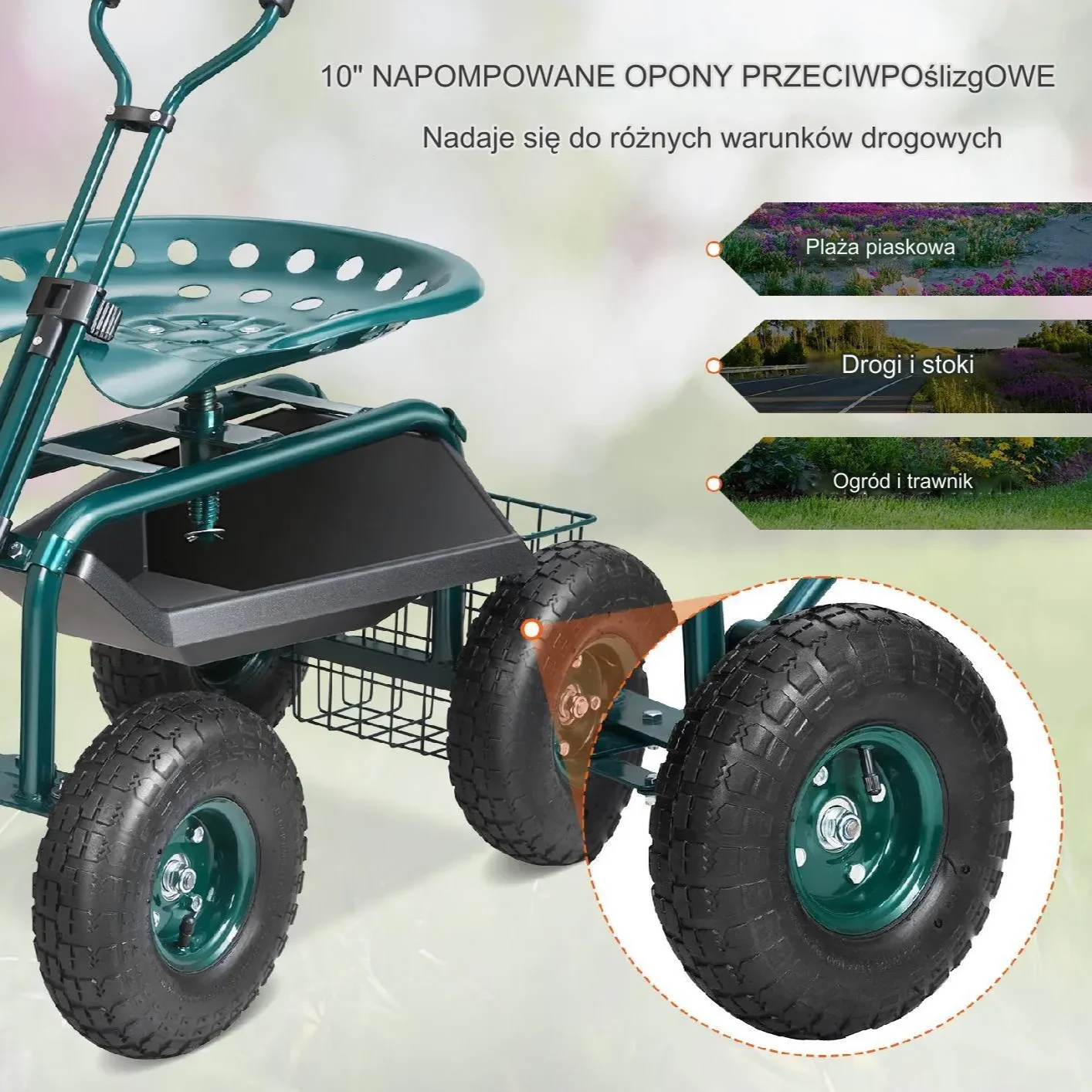 Wózek ogrodowy siedzisko ogrodowe taboret ogrodowy na kółkach zielony - obrazek 4