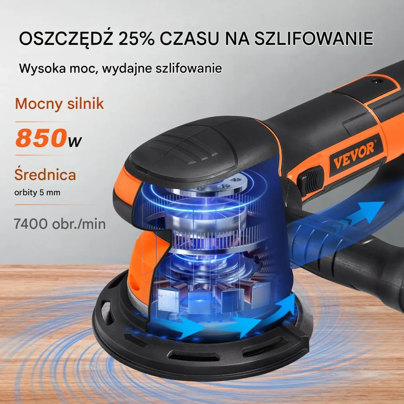 Szlifierka Mimośrodowa 150 mm 6 Biegów, 10 Papierów Ściernych - obrazek 3