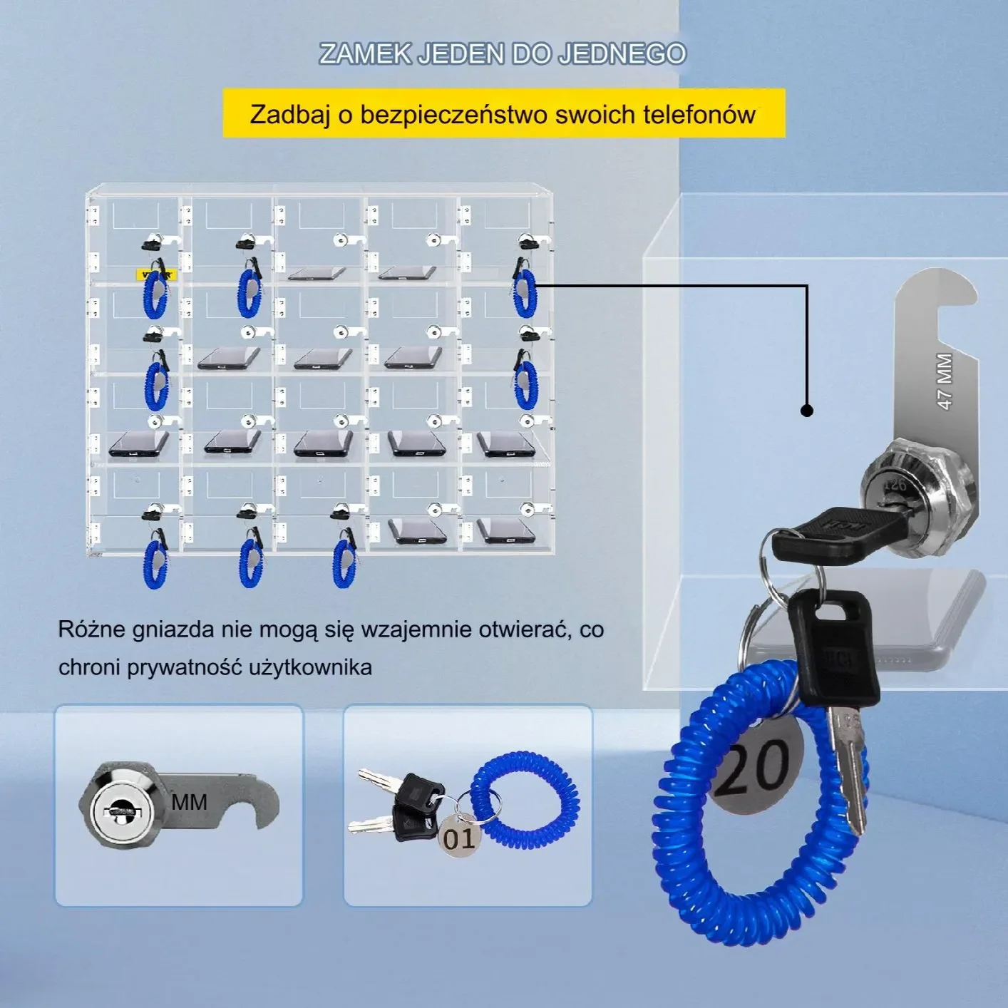Szafka na telefony 20 przegródek akrylowa z zamkami na klucz ścienna - obrazek 12
