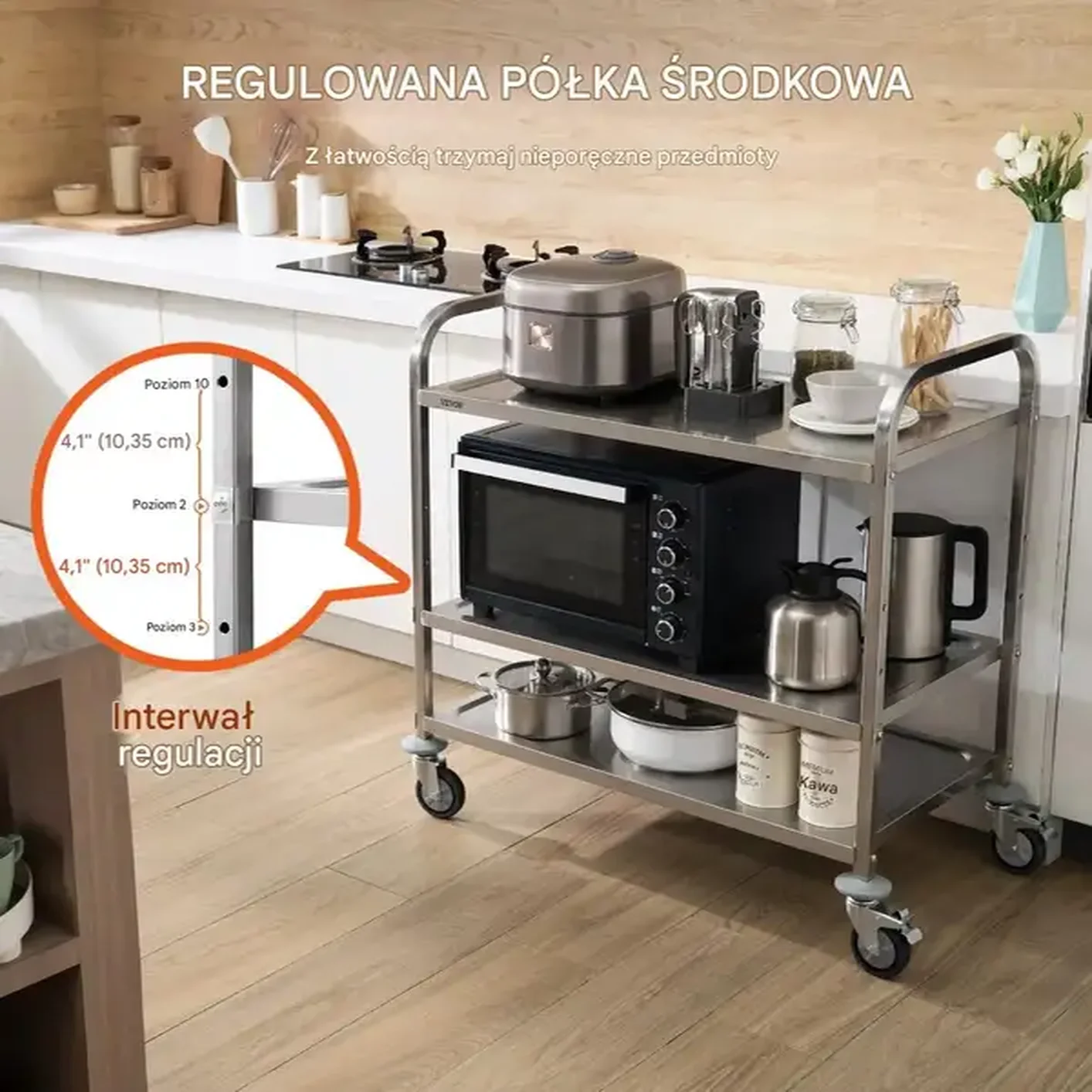 Wózek kuchenny 3-poziomowy stalowy 450kg na kółkach z koszami i haczykami - obrazek 4