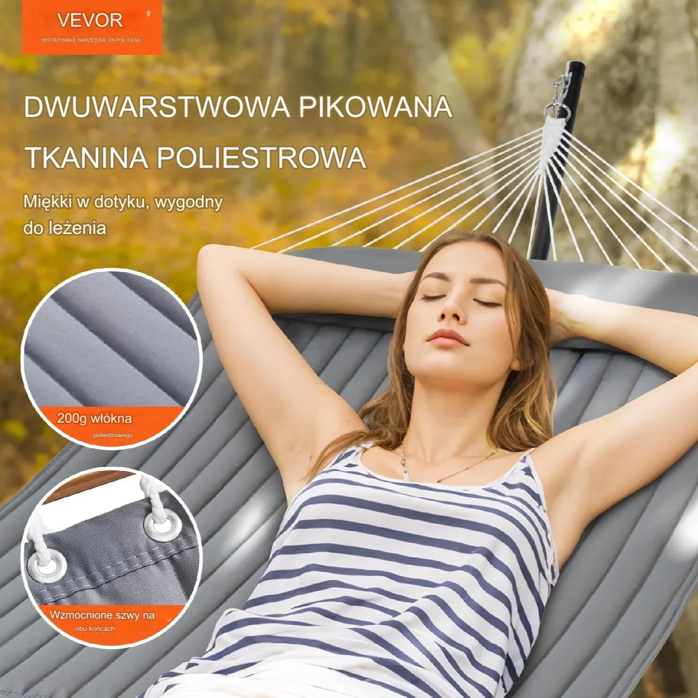 Hamak ogrodowy ze stelażem i drążkiem duży mocny dwuosobowy szary - obrazek 6