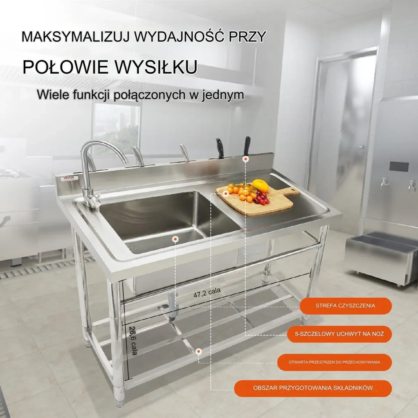 Zlewozmywak zlew stojący nierdzewny 120x50x95 cm blat roboczy gastronomia - obrazek 13