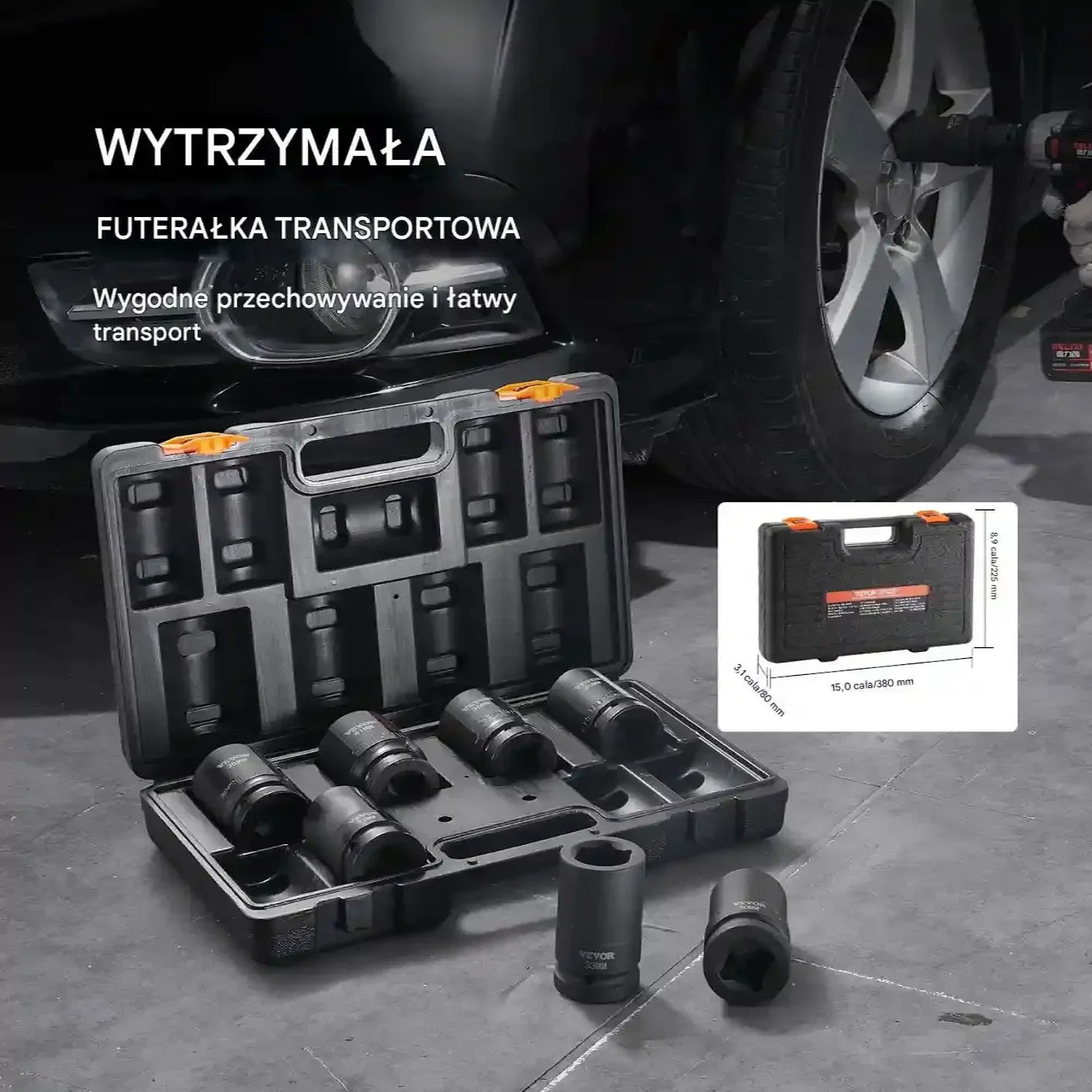 Nasadki udarowe 8 el 6-pkt 2,5 cm zestaw z grzechotką, walizka - obrazek 2