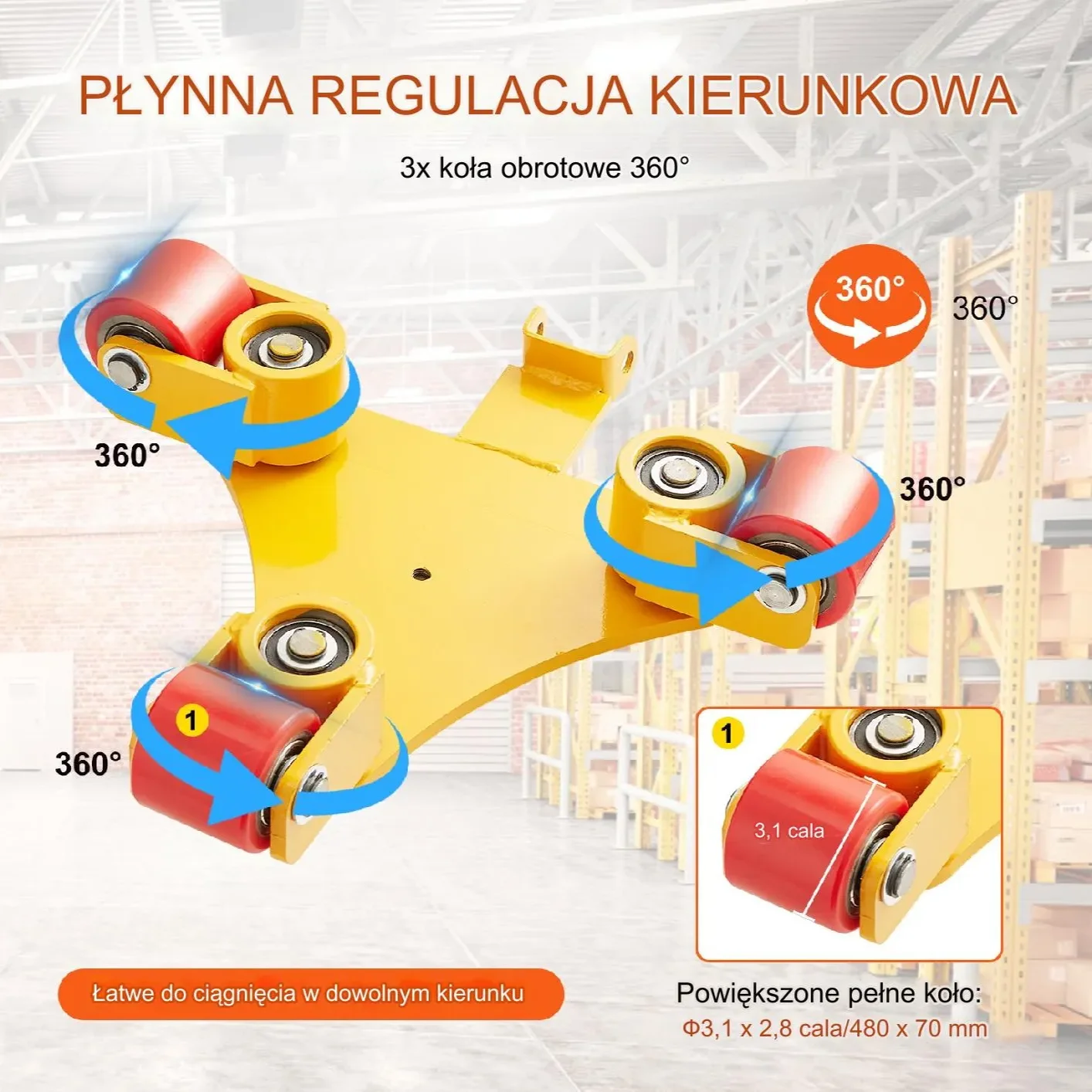 Wózek do maszyn rolka podnośnik 3T 360° – 3 koła PU do warsztatu - obrazek 2