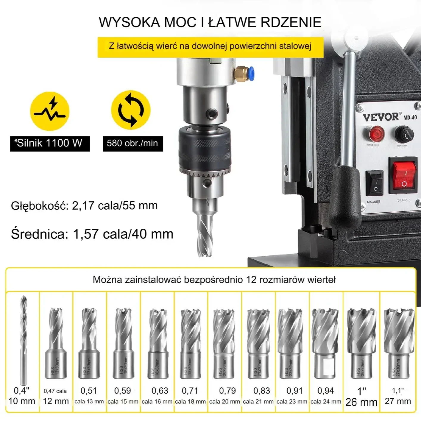 Wiertarka magnetyczna 1100W otwornica 40mm z zestawem 12 frezów - obrazek 5