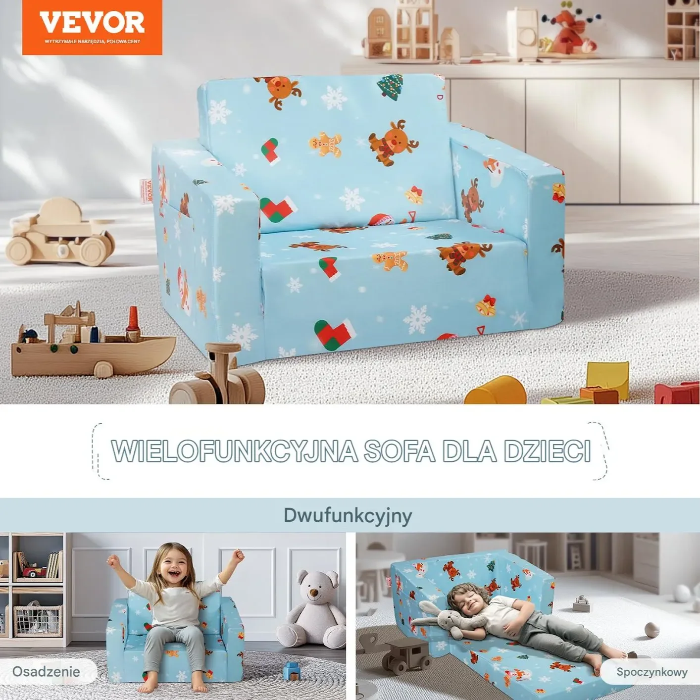 Fotelik dziecięcy składany 2w1 – kanapa sofa dla dzieci niebieska - obrazek 3
