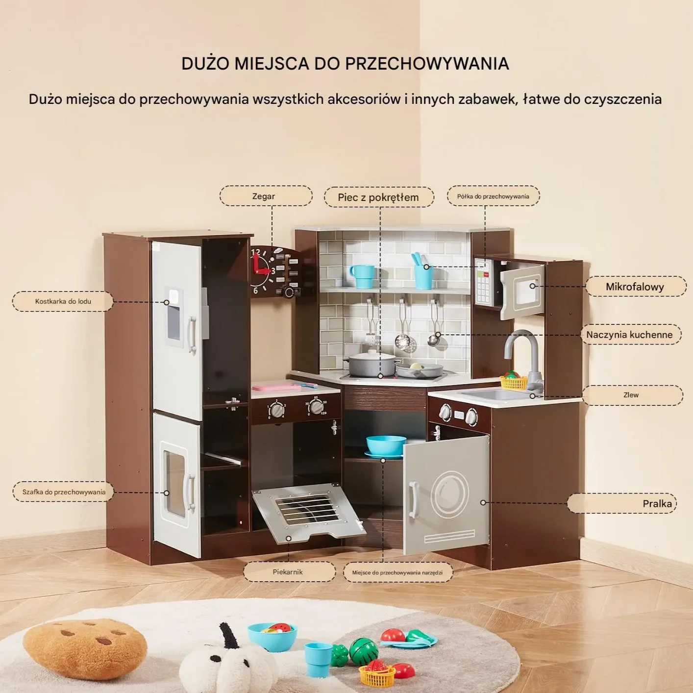 Zestaw kuchenny dla dzieci 24 akcesoria brązowy drewniany z blatem - obrazek 2