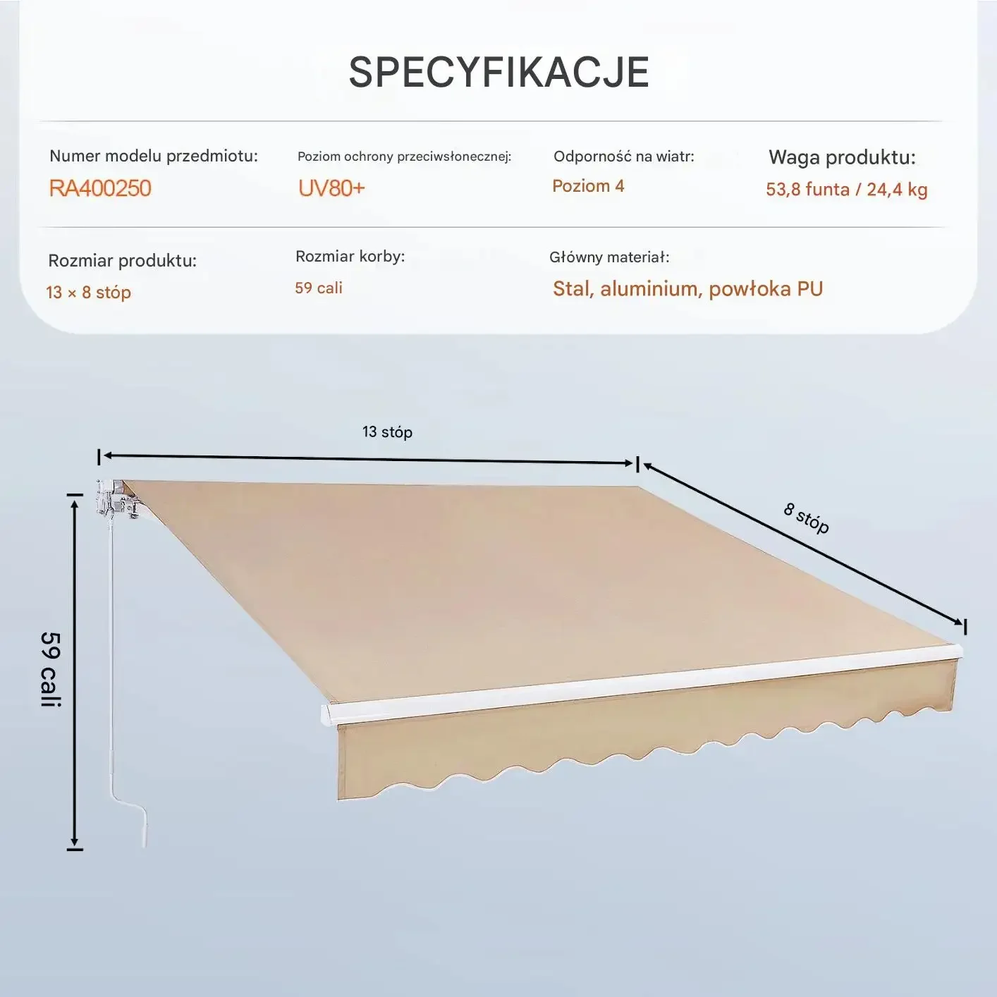 Markiza tarasowa 3.96x2.44 m ręczna wodoodporna rozkładana balkon ogród