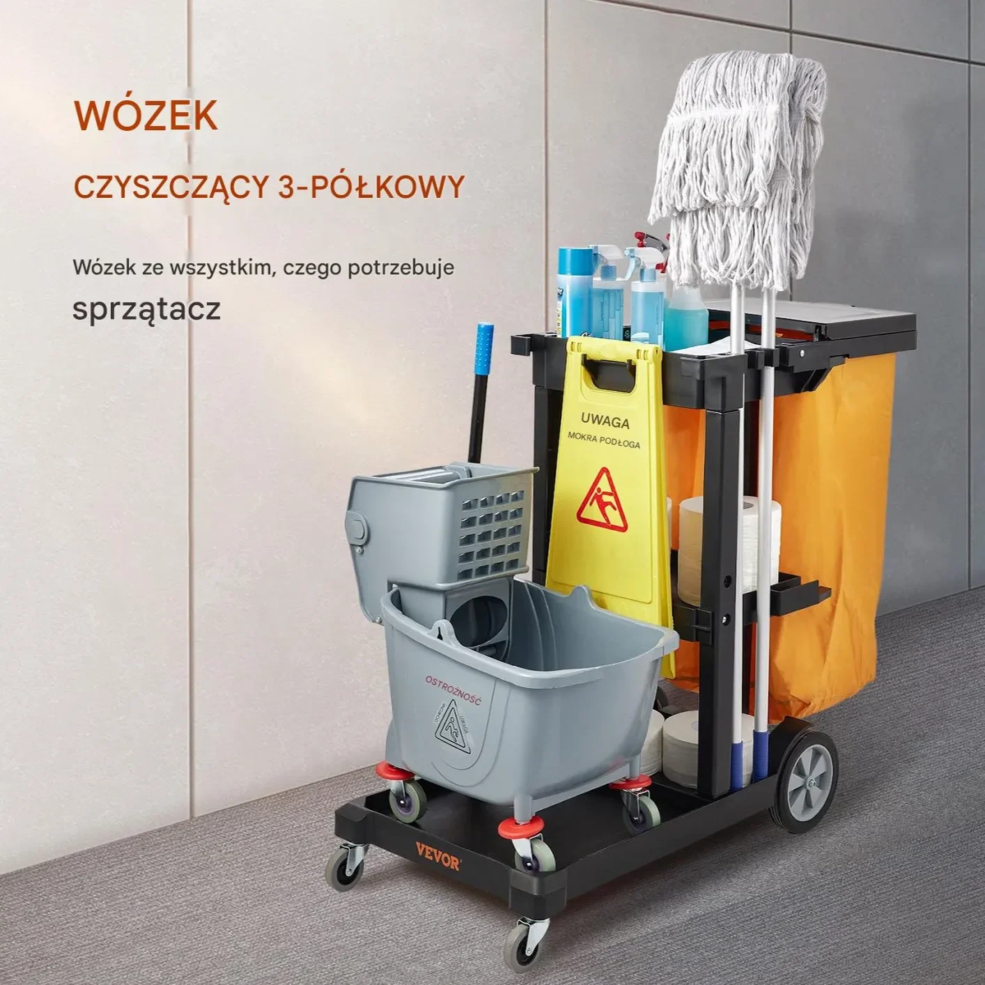 Wózek do sprzątania 3-półkowy 120x51x98 cm 90 kg z workiem i pokrywą - obrazek 2