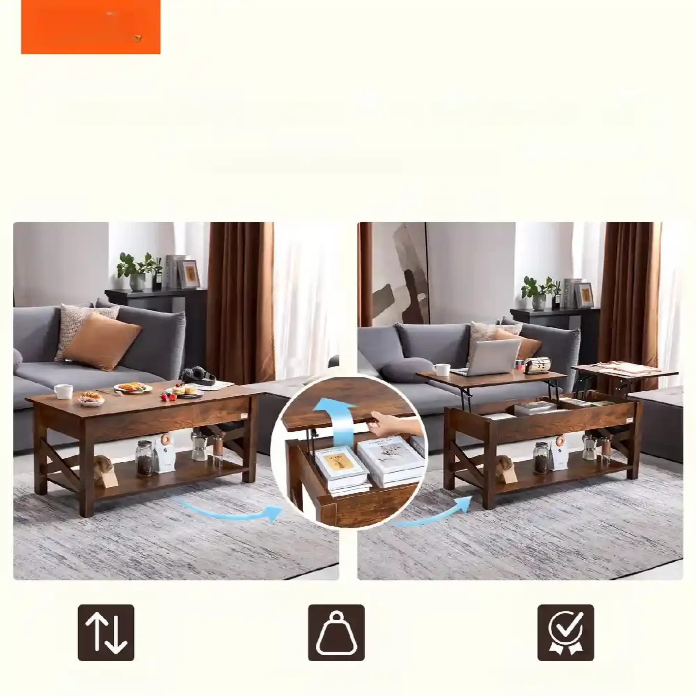 Rozkładana ława stolik kawowy z podnoszonym blatem schowkiem 120 cm - obrazek 7