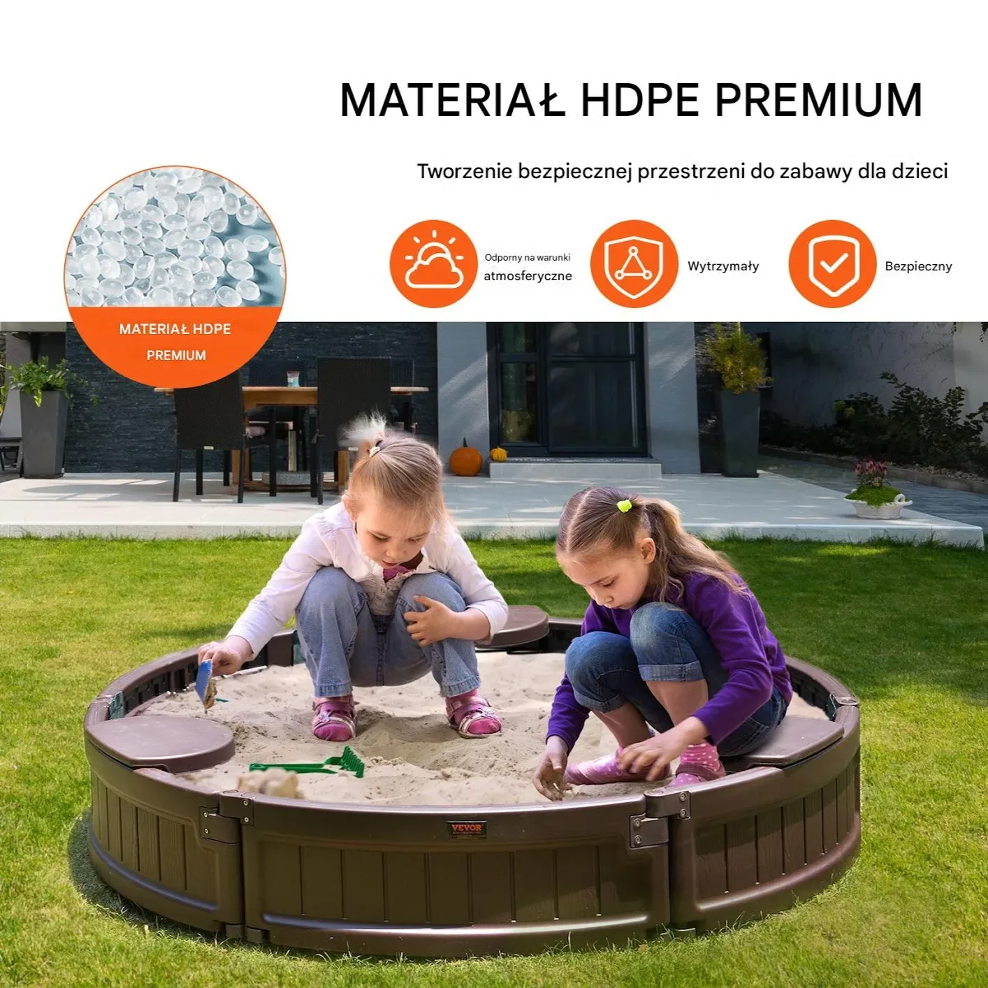Piaskownica okrągła 120 cm z pokrywą HDPE 3 siedziskami drenaż prezent - obrazek 2
